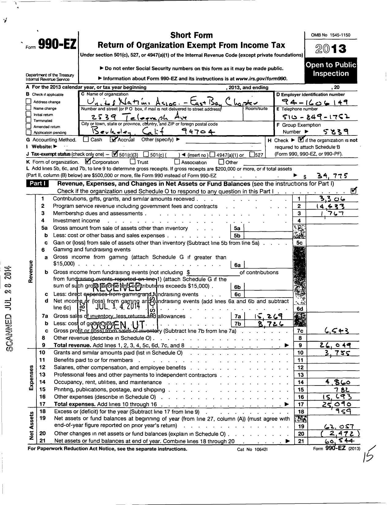 Image of first page of 2013 Form 990EZ for Better World Fund / Una of the USA East Bay Chapter