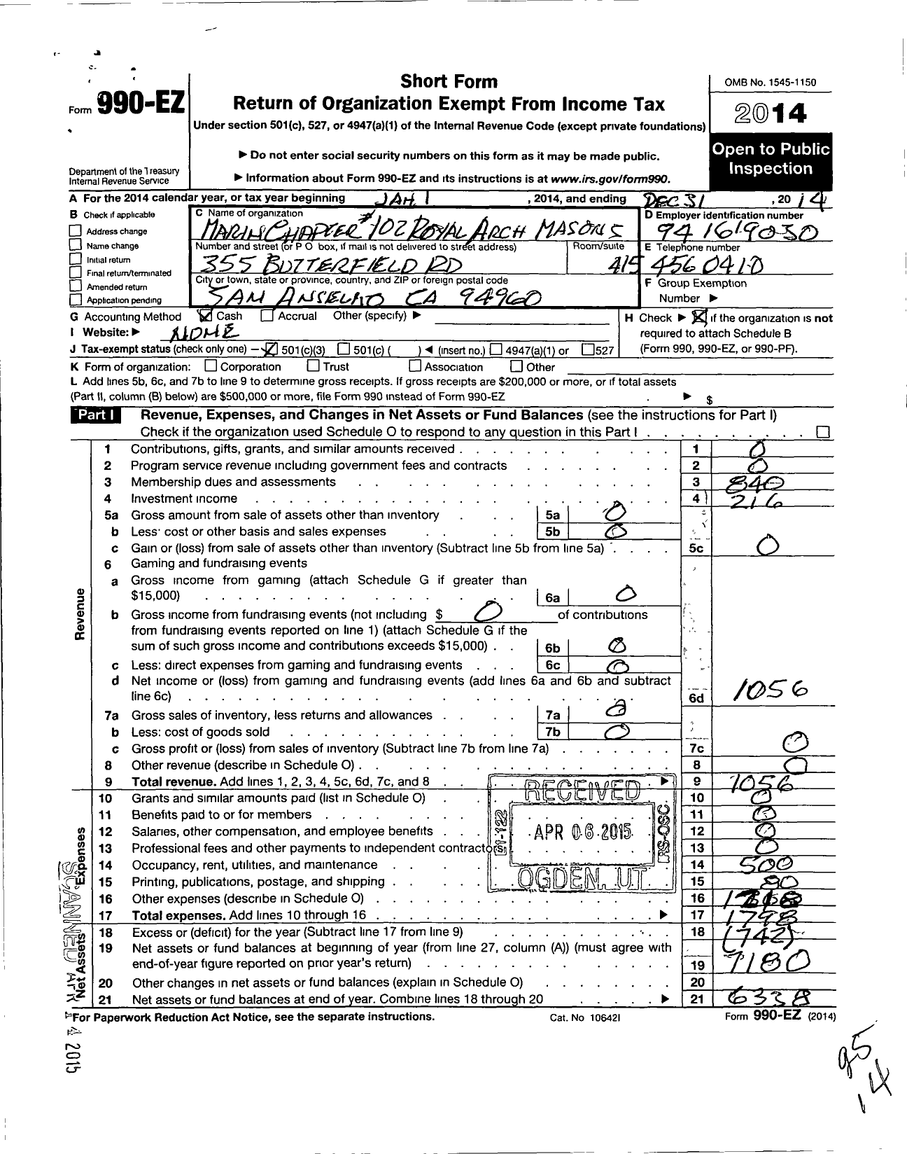 Image of first page of 2014 Form 990EZ for Royal Arch Masons of California - 102 Marin Chapter