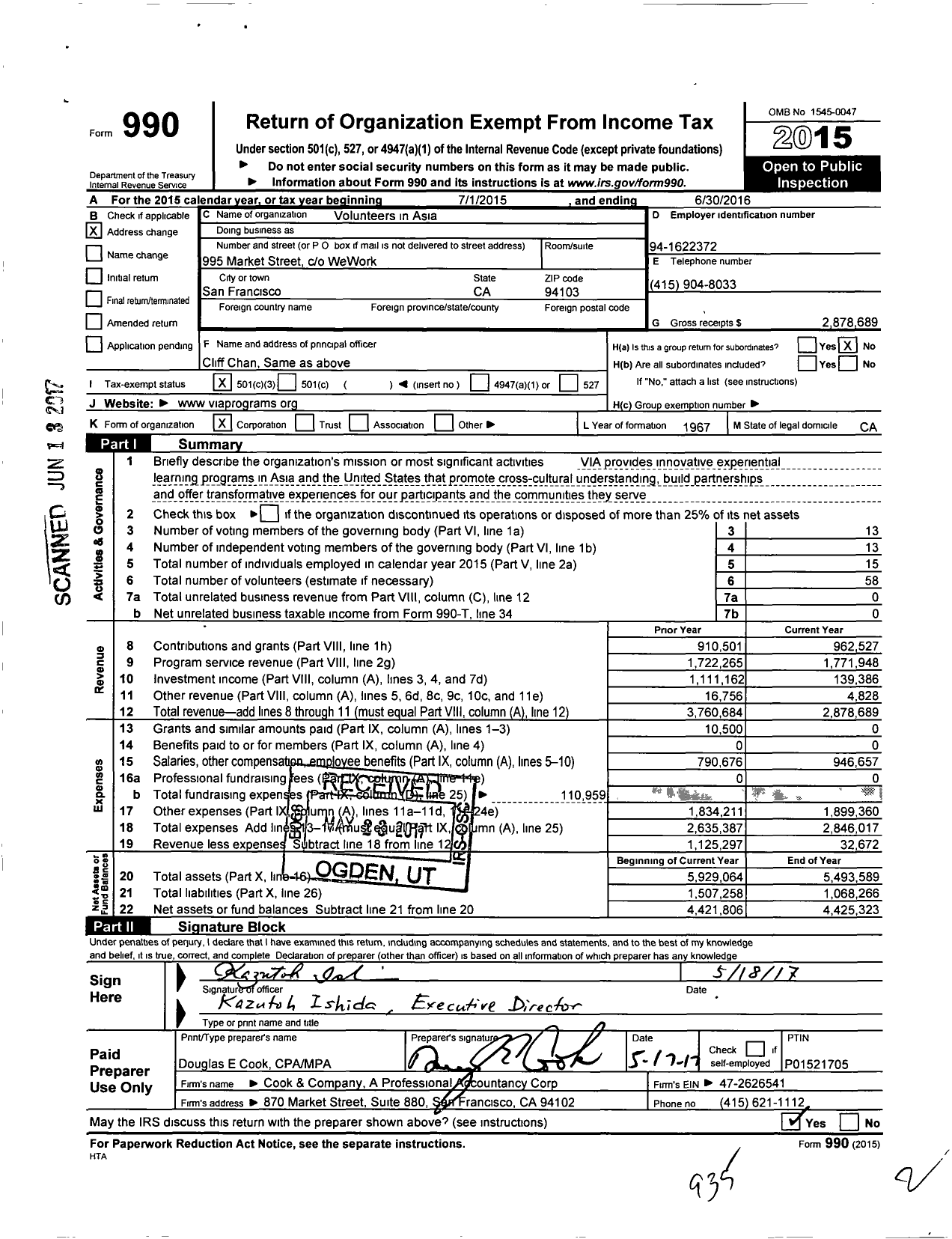 Image of first page of 2015 Form 990 for Volunteers in Asia (VIA)