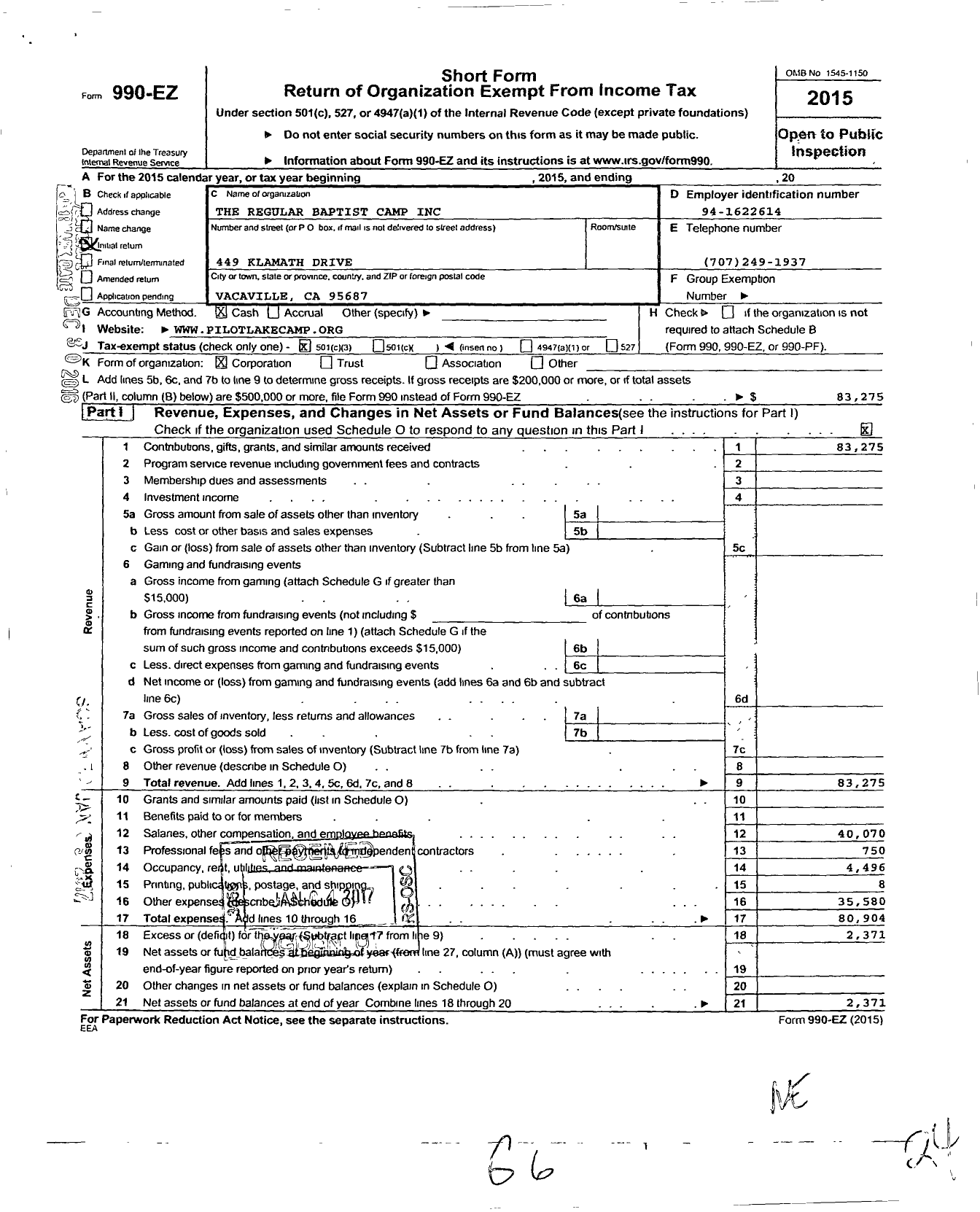 Image of first page of 2015 Form 990EZ for Regular Baptist Camp