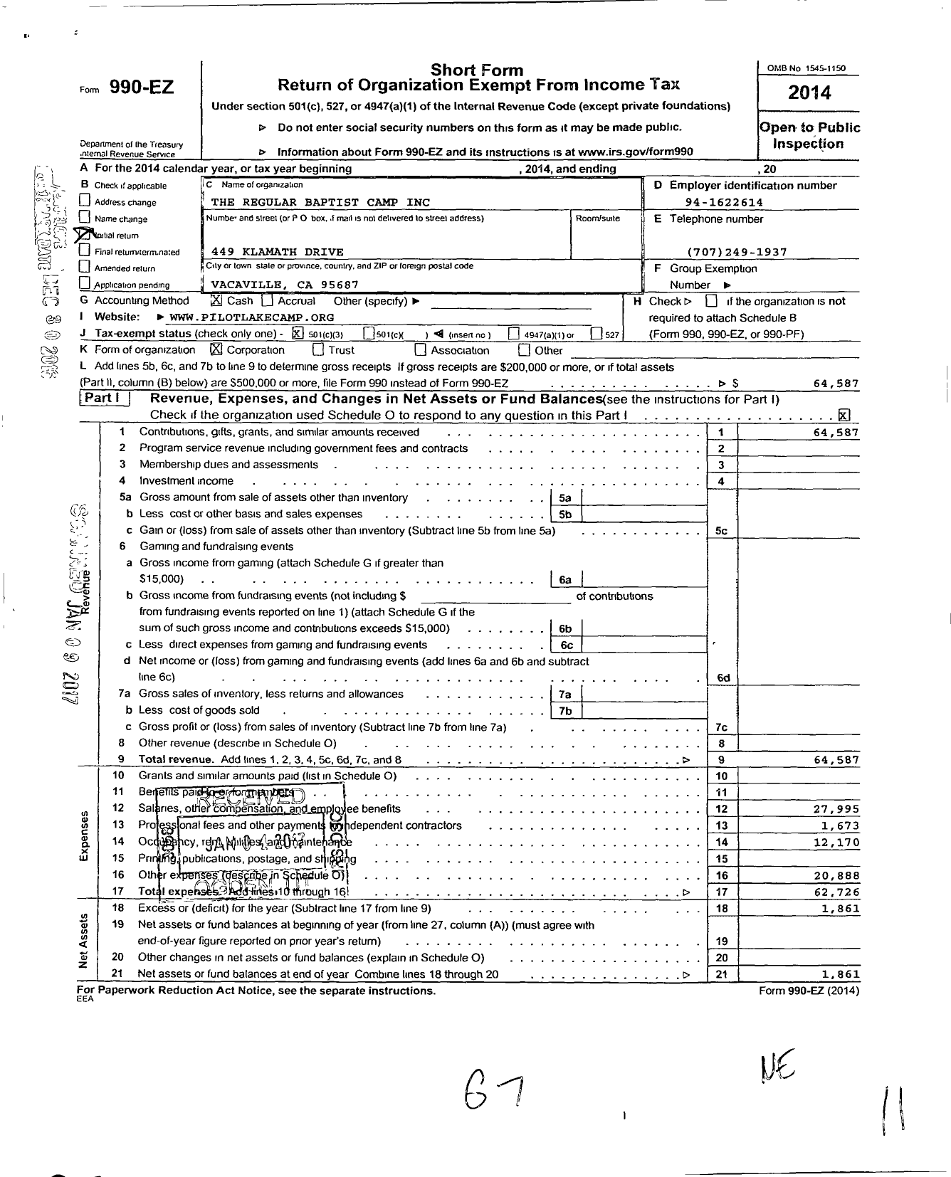 Image of first page of 2014 Form 990EZ for Regular Baptist Camp