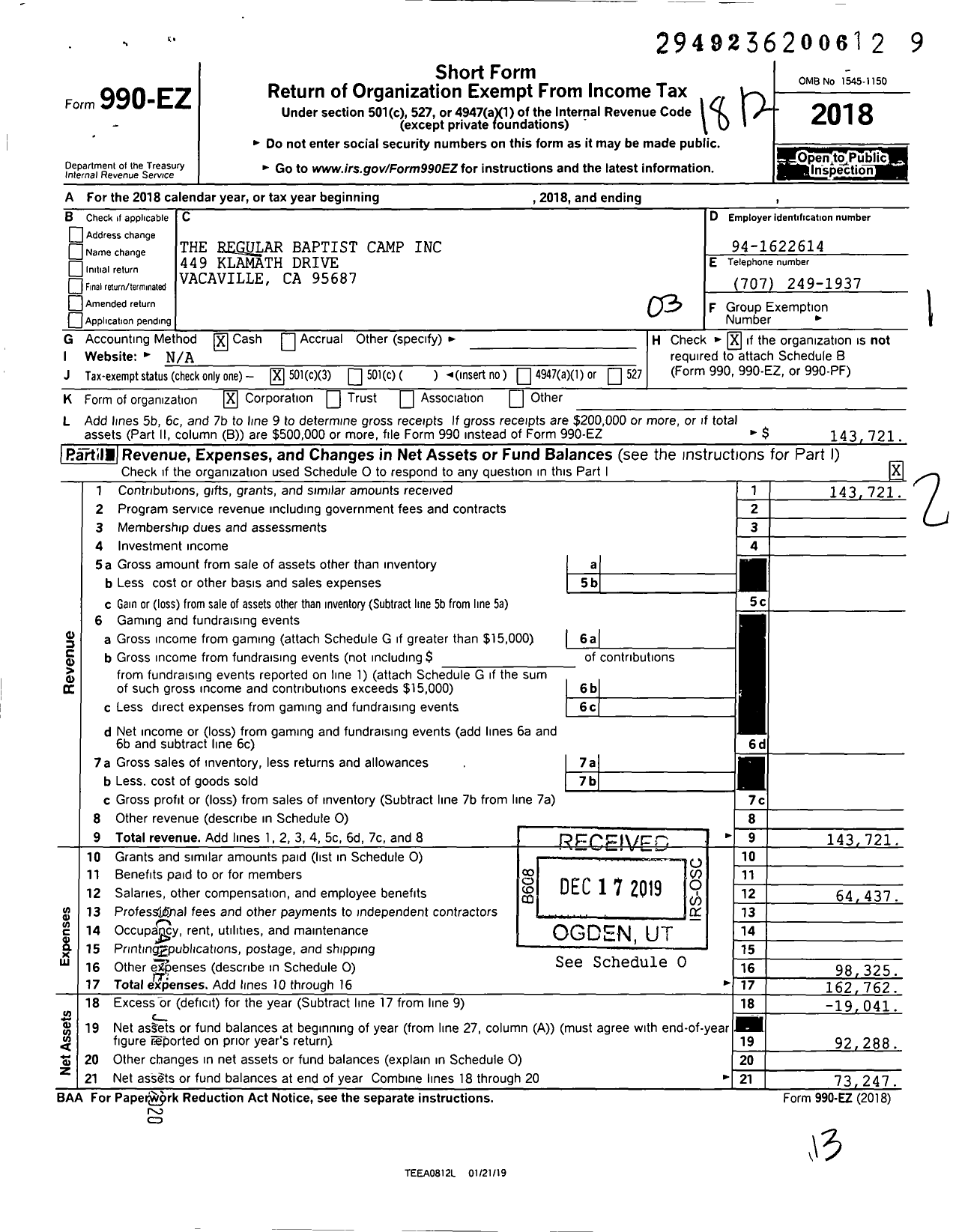 Image of first page of 2018 Form 990EZ for Regular Baptist Camp