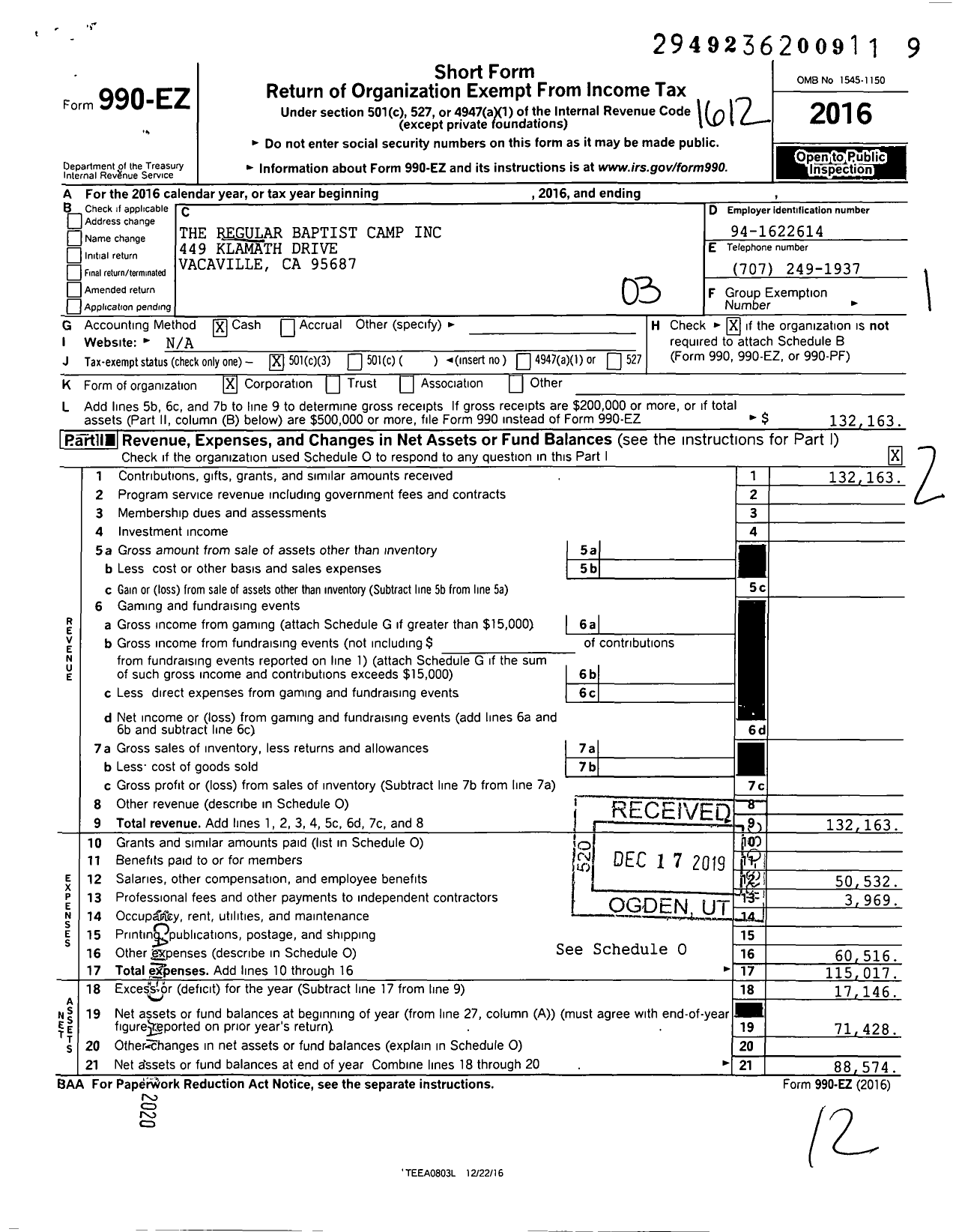 Image of first page of 2016 Form 990EZ for Regular Baptist Camp