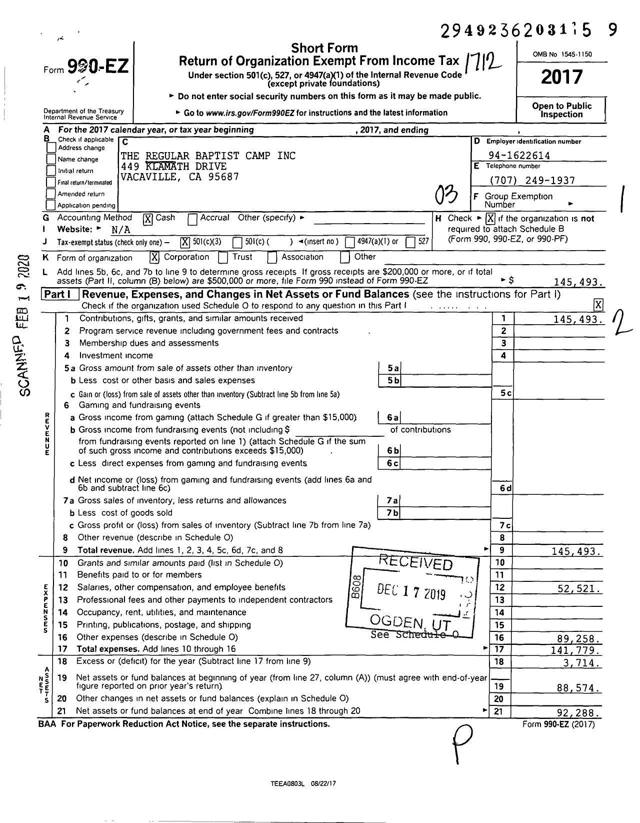 Image of first page of 2017 Form 990EZ for Regular Baptist Camp