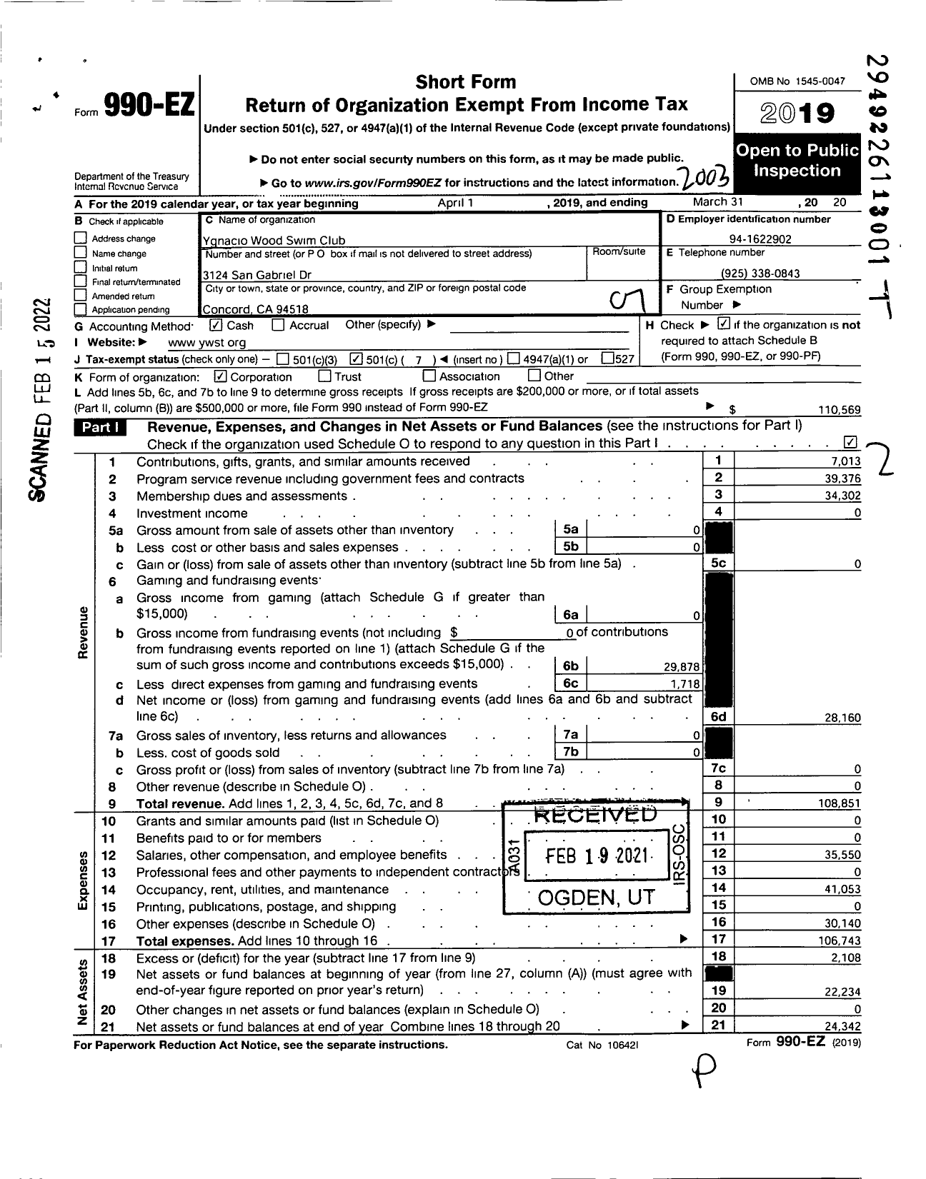 Image of first page of 2019 Form 990EO for Ygnacio Wood Swim Club