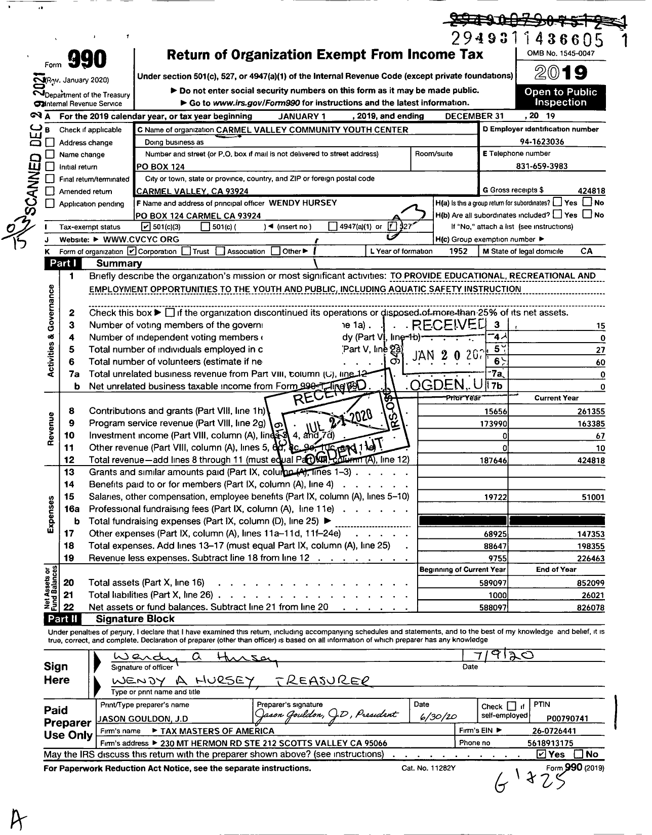 Image of first page of 2019 Form 990 for Carmel Valley Community Youth Center