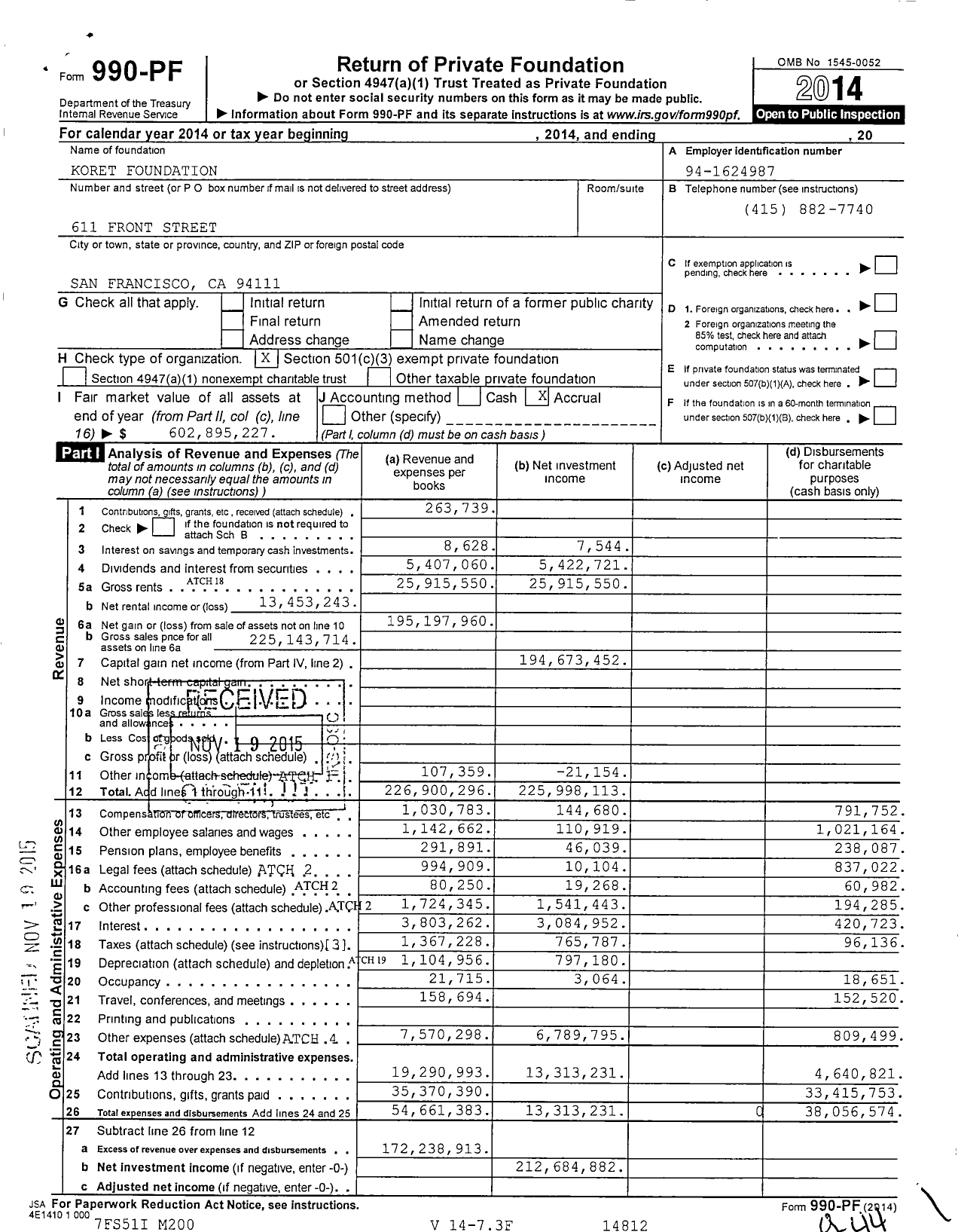 Image of first page of 2014 Form 990PF for Koret Foundation
