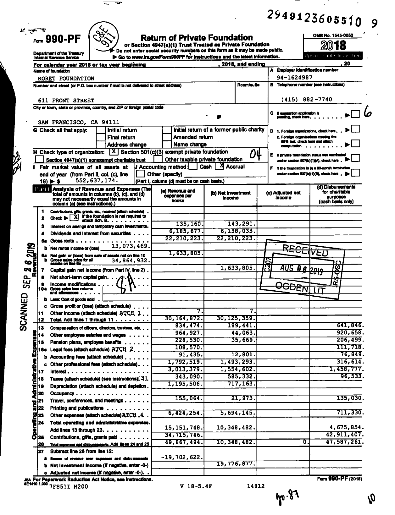 Image of first page of 2018 Form 990PF for Koret Foundation
