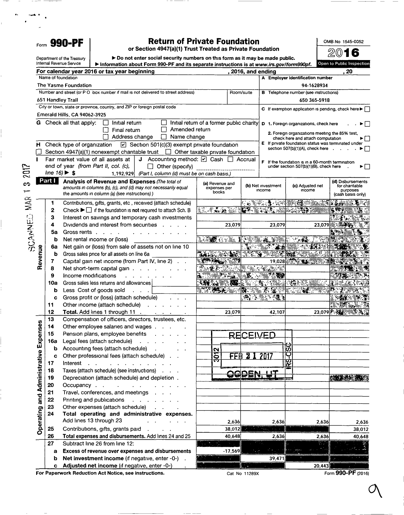 Image of first page of 2016 Form 990PF for The Yasme Foundation