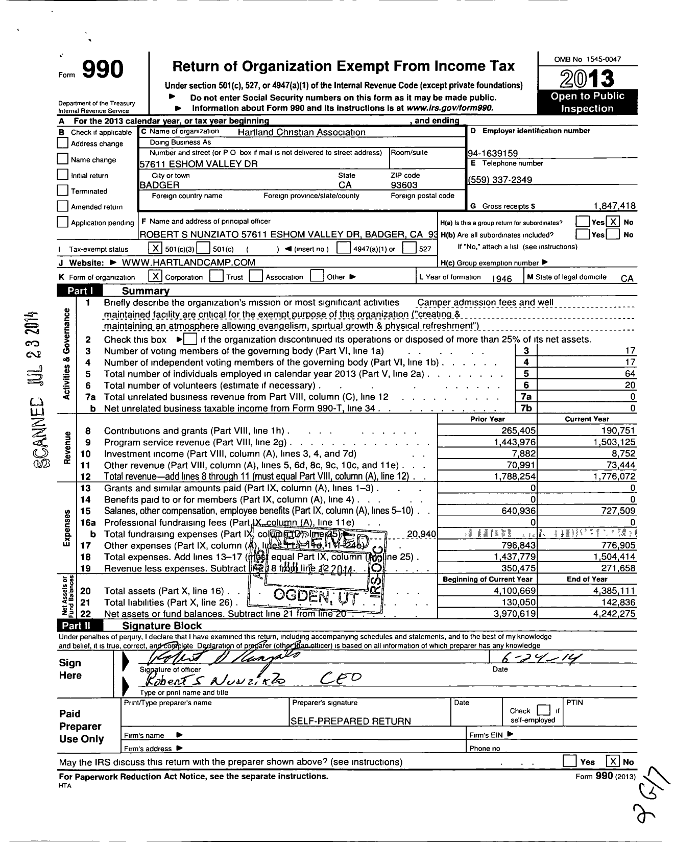 Image of first page of 2013 Form 990 for Hartland Christian Camp