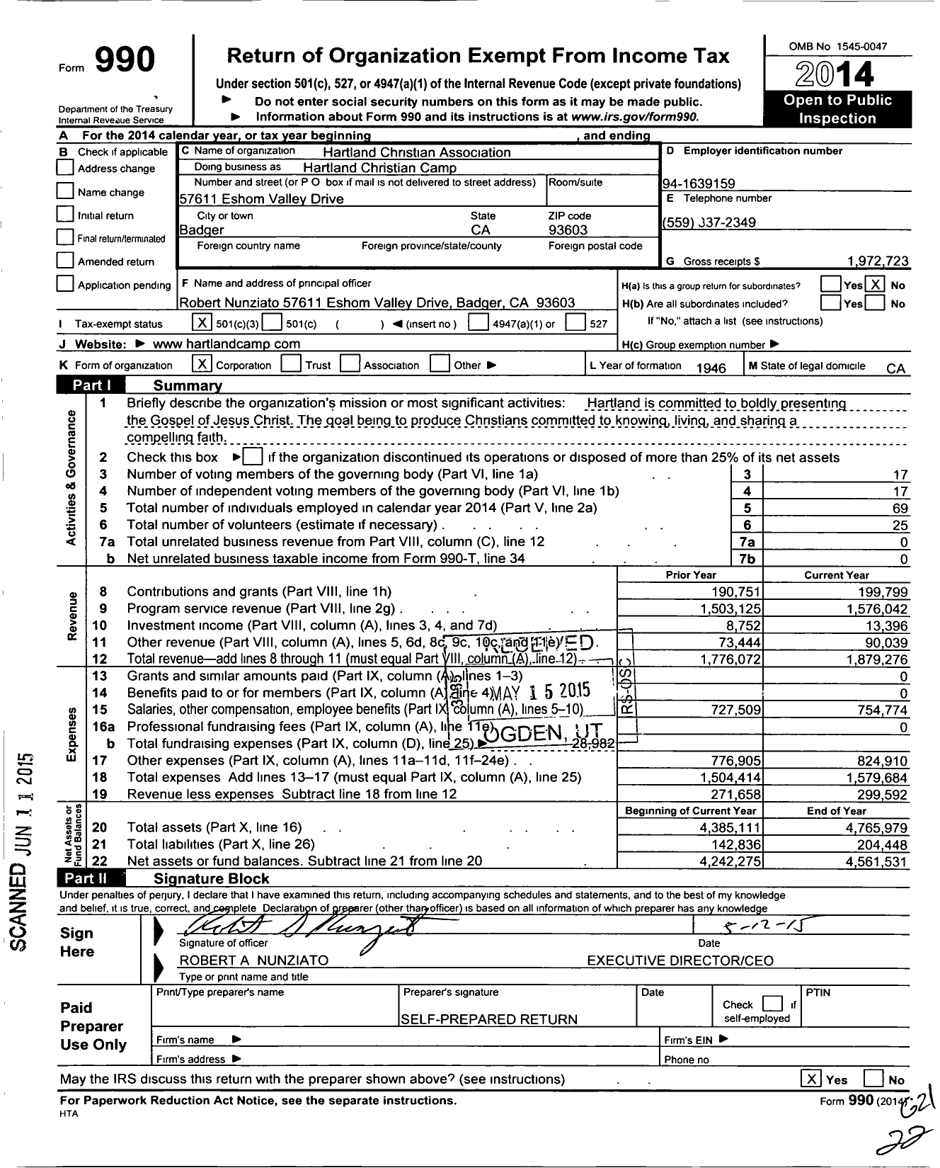 Image of first page of 2014 Form 990 for Hartland Christian Camp