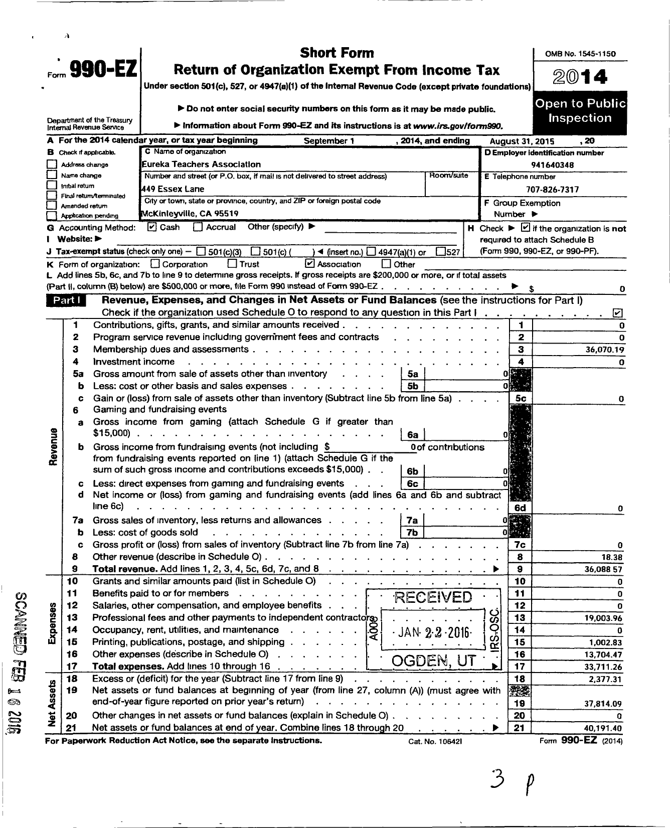 Image of first page of 2014 Form 990EO for California Teachers Association - Eureka Teachers Assoc