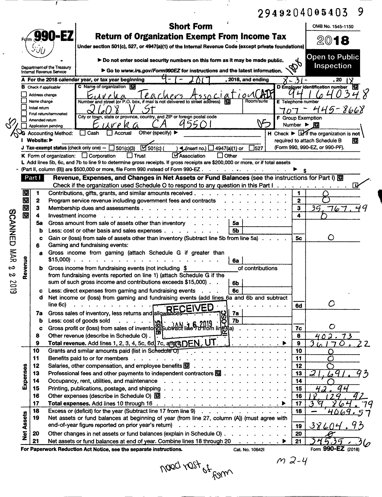 Image of first page of 2017 Form 990EO for California Teachers Association - Eureka Teachers Assoc