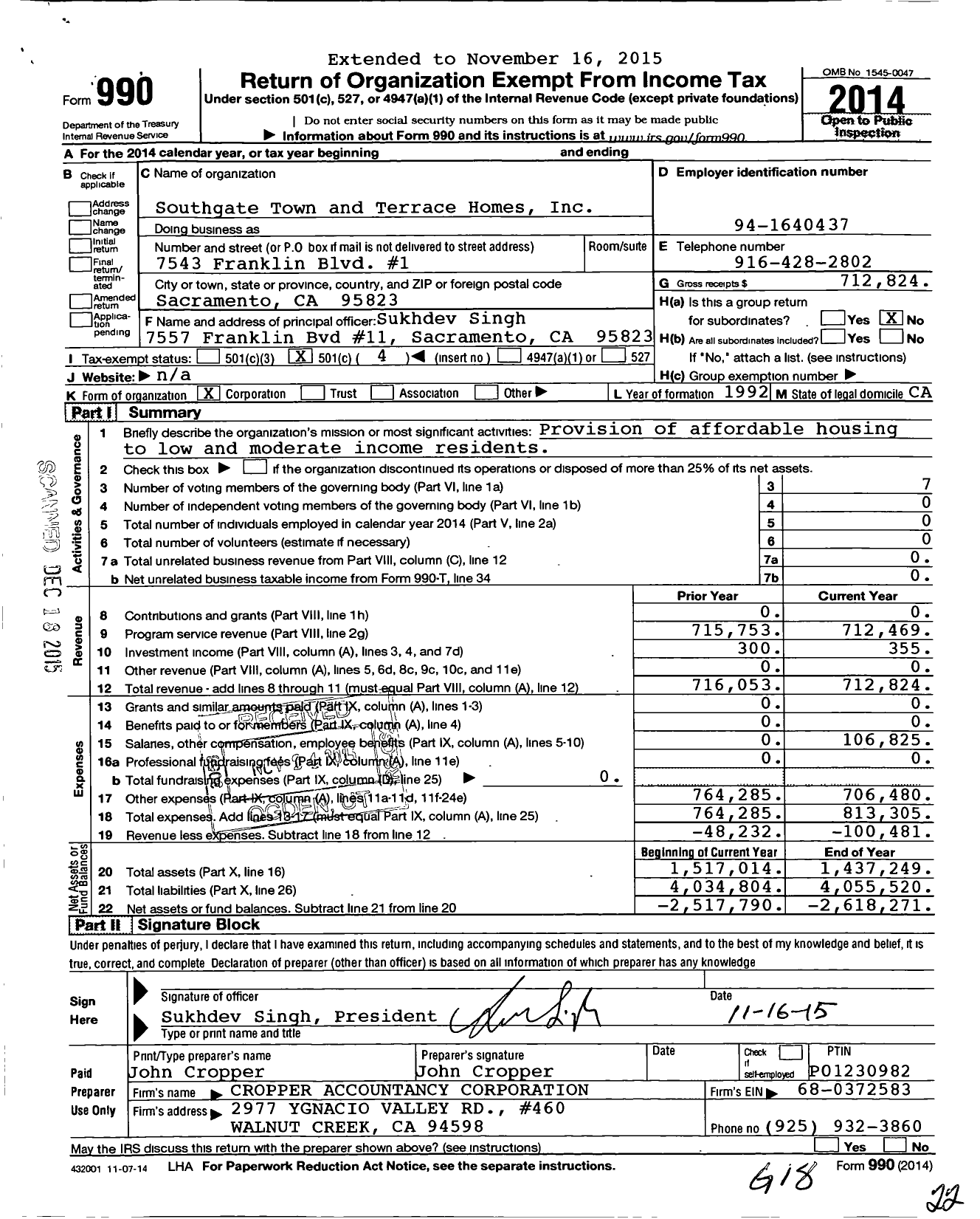 Image of first page of 2014 Form 990O for Southgate Town and Terrace Homes