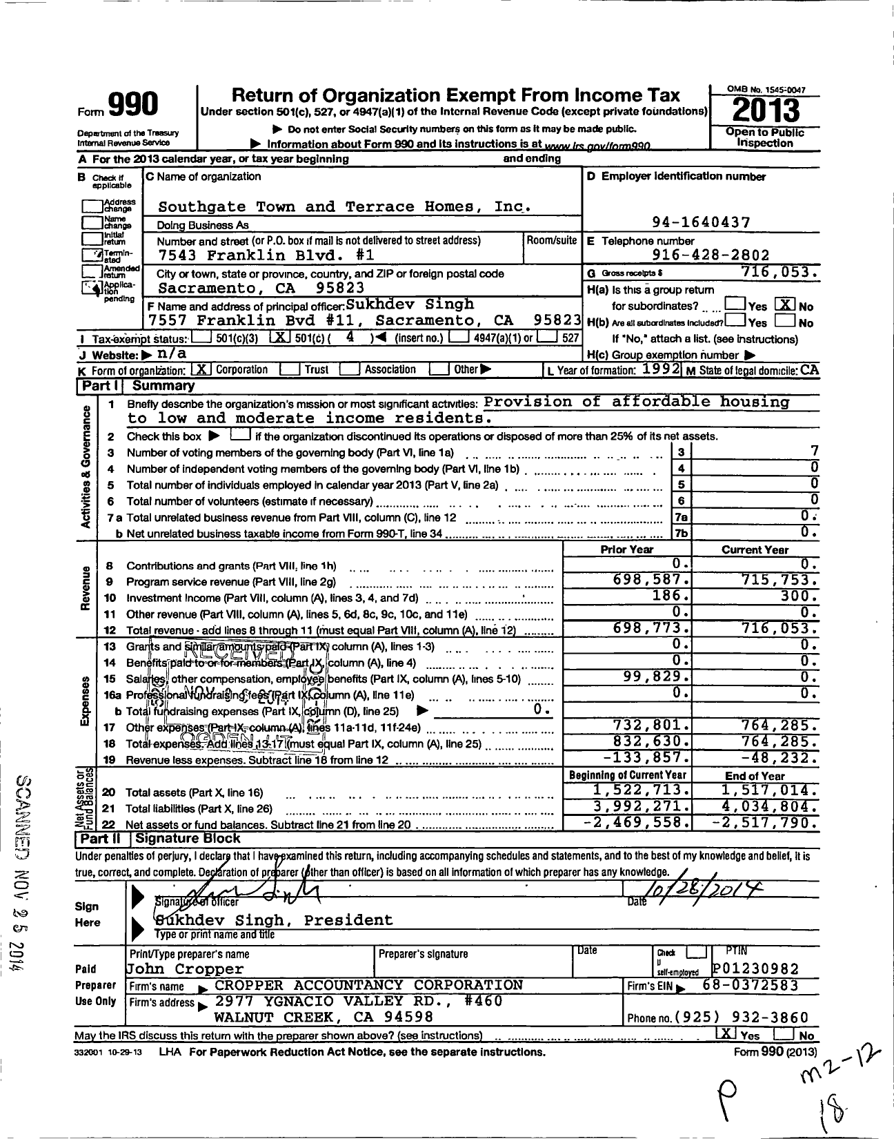 Image of first page of 2013 Form 990O for Southgate Town and Terrace Homes