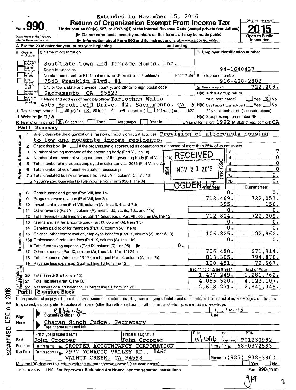 Image of first page of 2015 Form 990O for Southgate Town and Terrace Homes