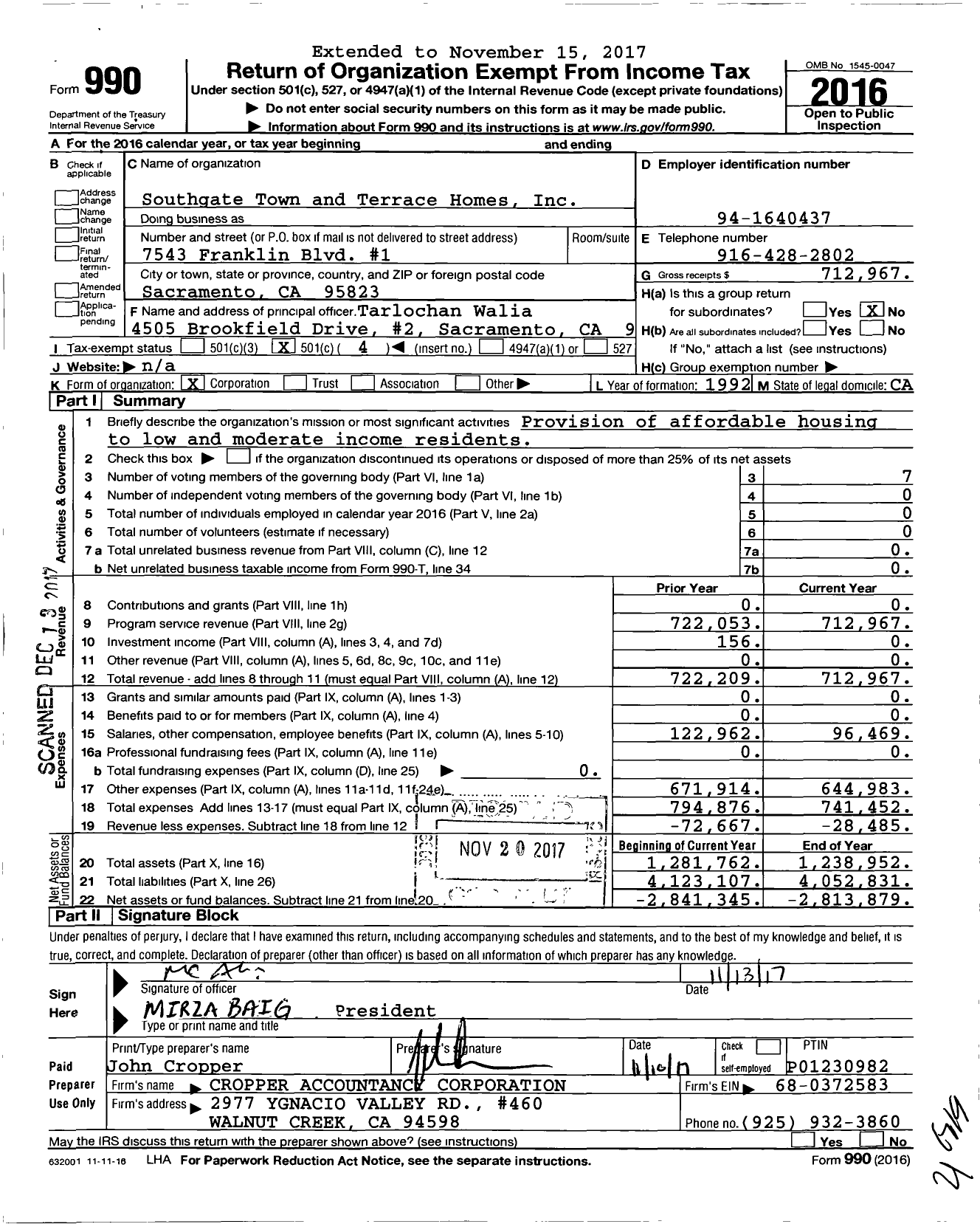 Image of first page of 2016 Form 990O for Southgate Town and Terrace Homes