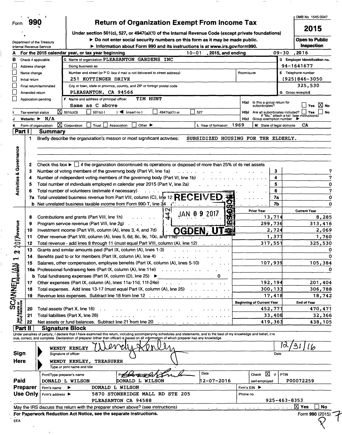 Image of first page of 2015 Form 990 for Pleasanton Gardens