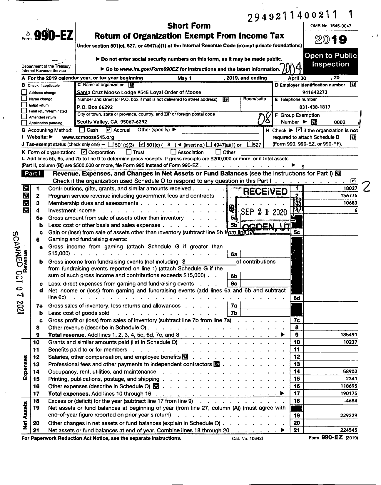 Image of first page of 2019 Form 990EO for Loyal Order of Moose - 545