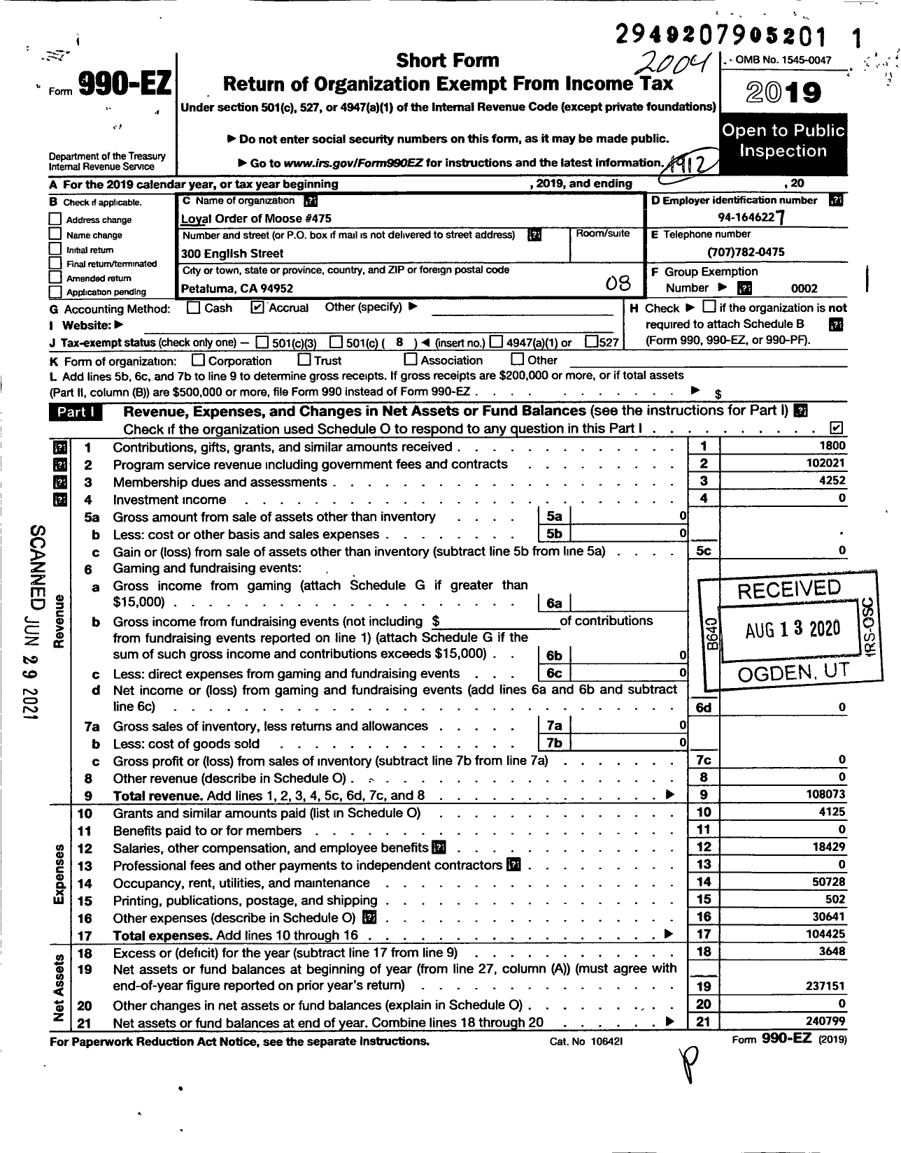 Image of first page of 2019 Form 990EO for Loyal Order of Moose - 475