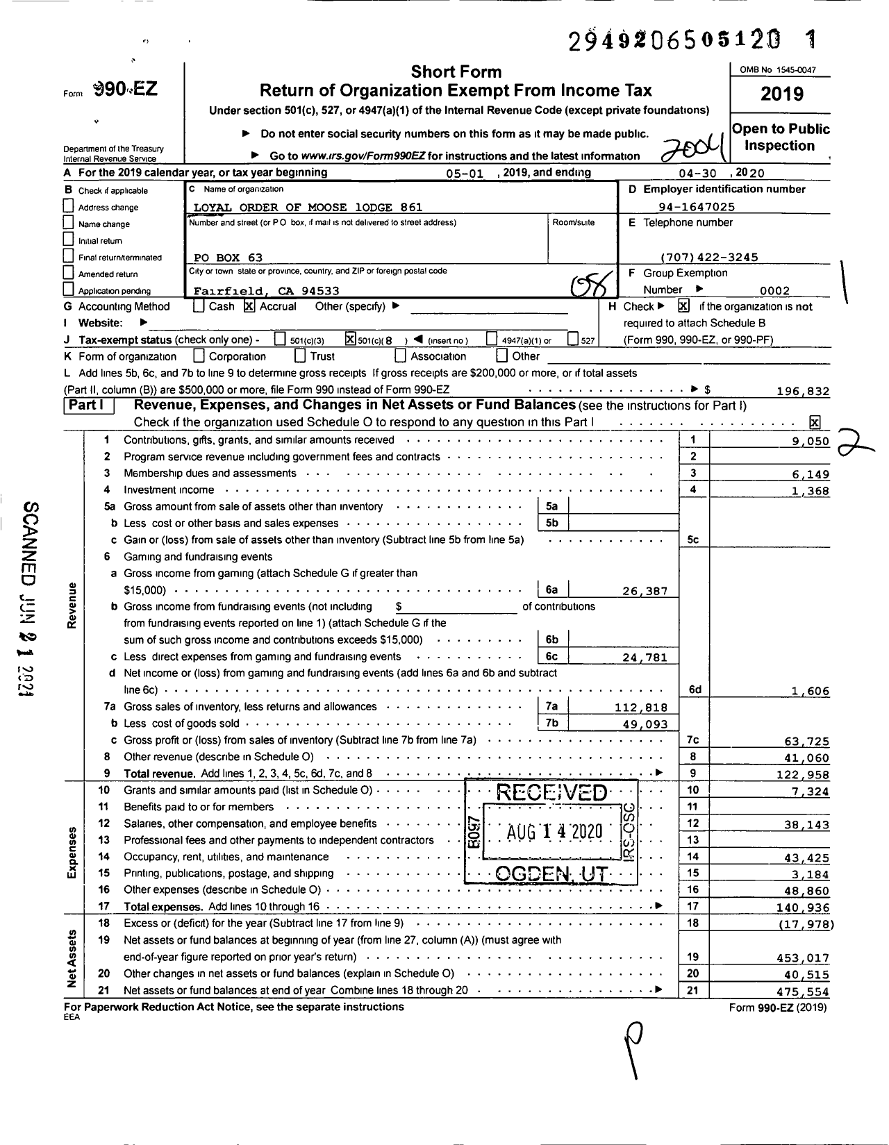 Image of first page of 2019 Form 990EO for Loyal Order of Moose - Fair