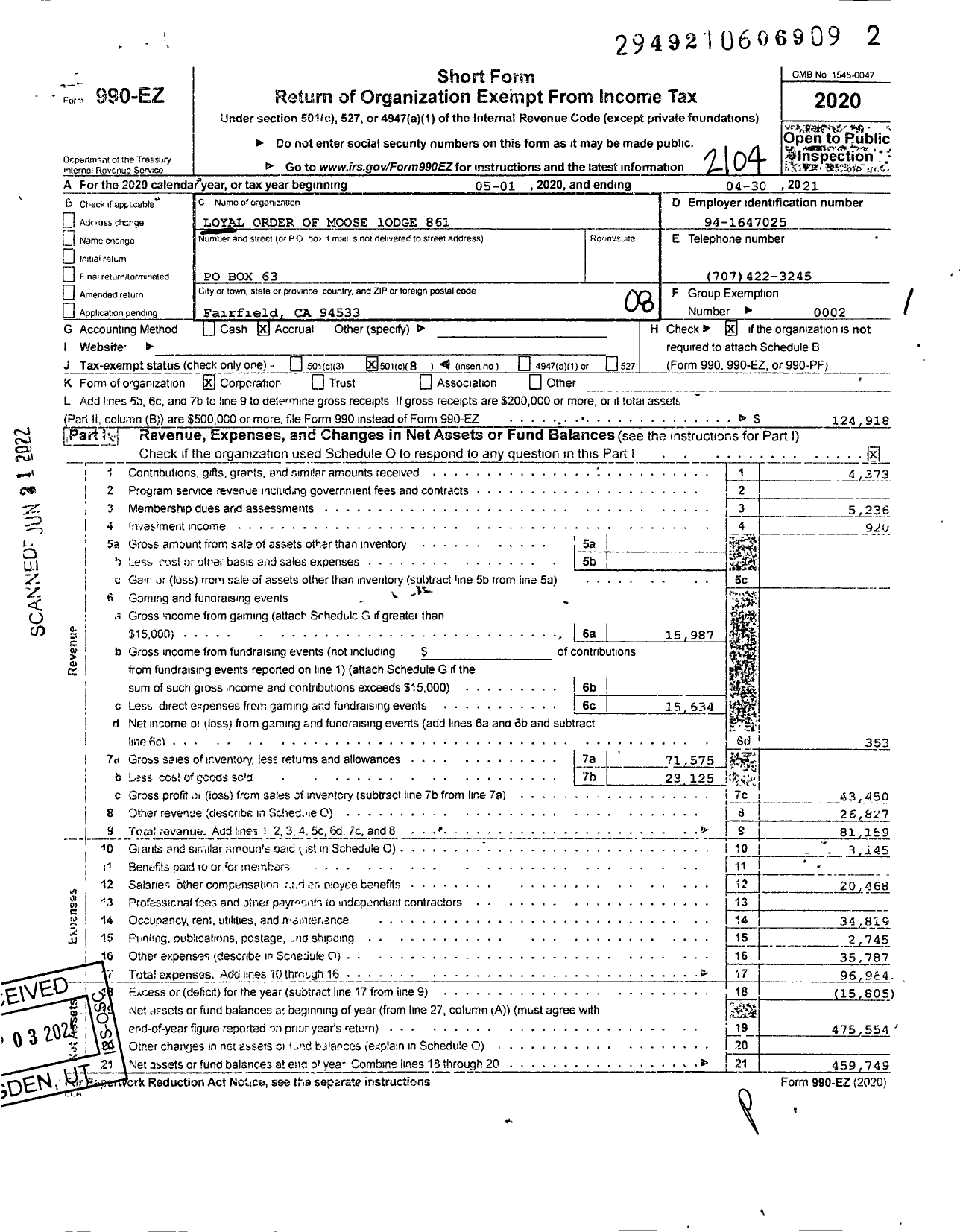 Image of first page of 2020 Form 990EO for Loyal Order of Moose - Fair