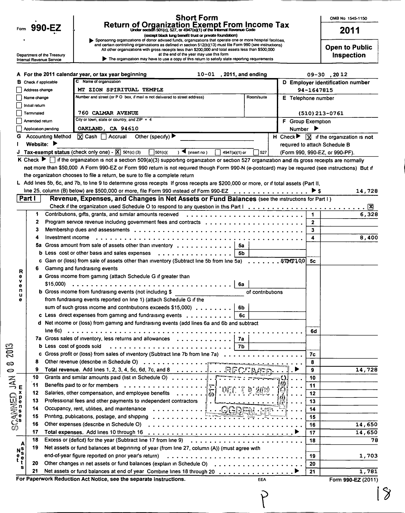 Image of first page of 2011 Form 990EZ for MT Zion Spiritual Temple