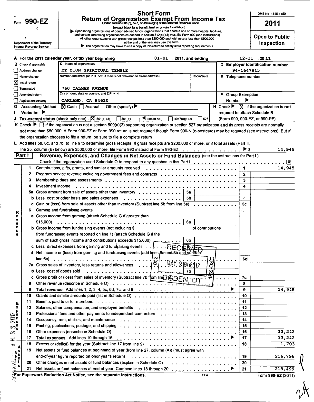 Image of first page of 2011 Form 990EZ for MT Zion Spiritual Temple