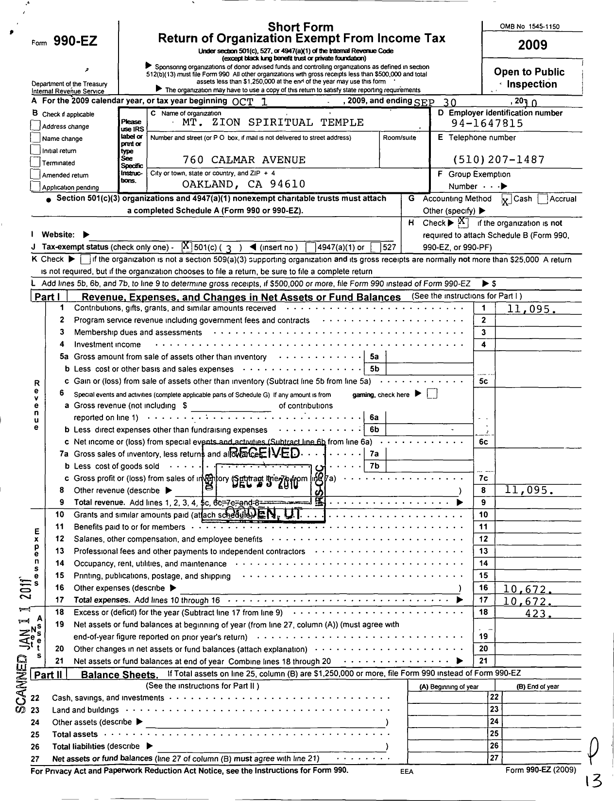 Image of first page of 2009 Form 990EZ for MT Zion Spiritual Temple