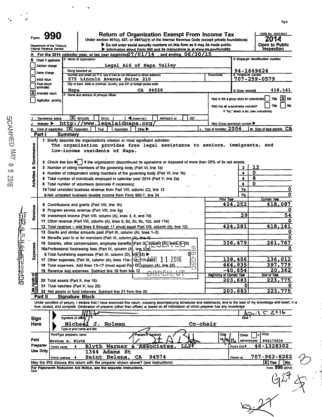 Image of first page of 2014 Form 990 for Legal Aid of Napa Valley