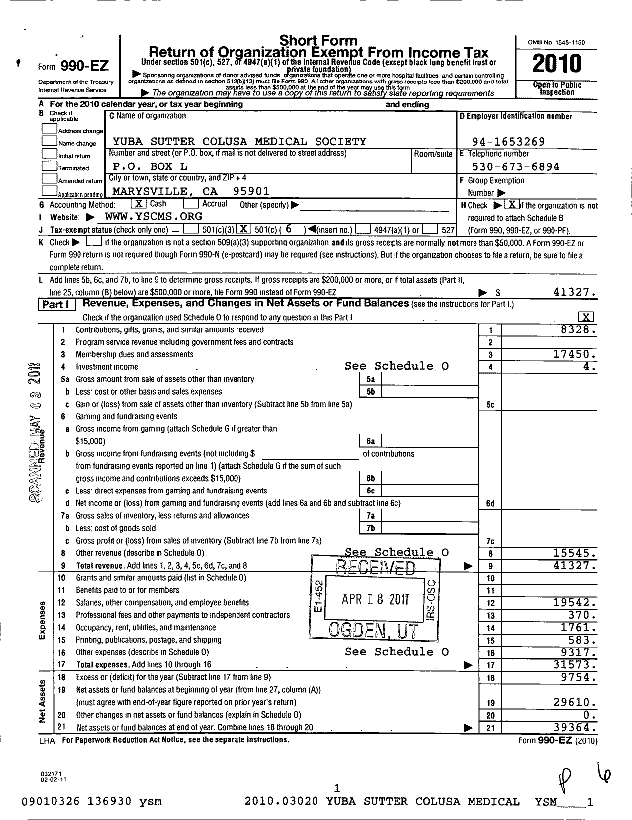 Image of first page of 2010 Form 990EO for Yuba Sutter Colusa Medical Society