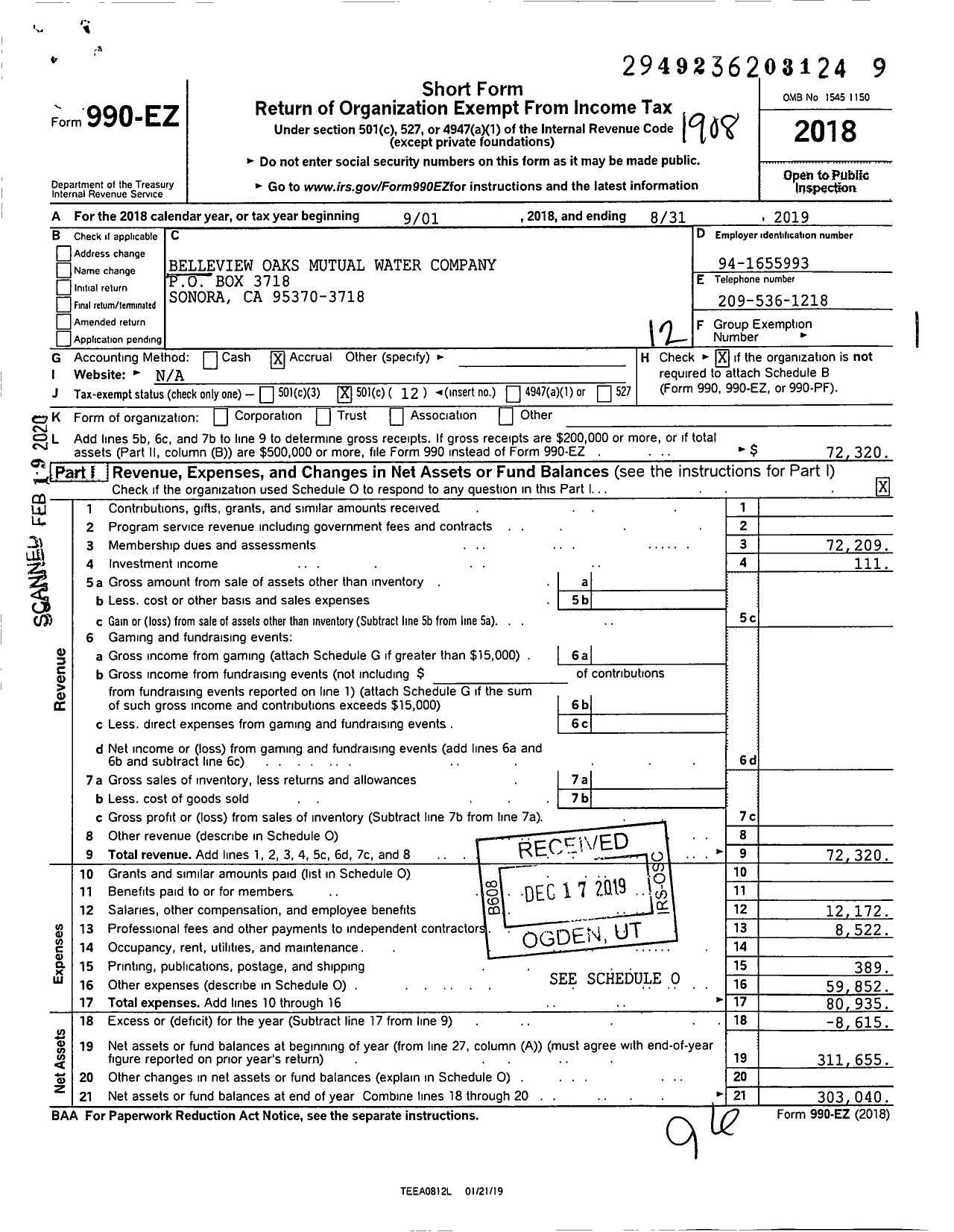 Image of first page of 2018 Form 990EO for Belleview Oaks Mutual Water Company