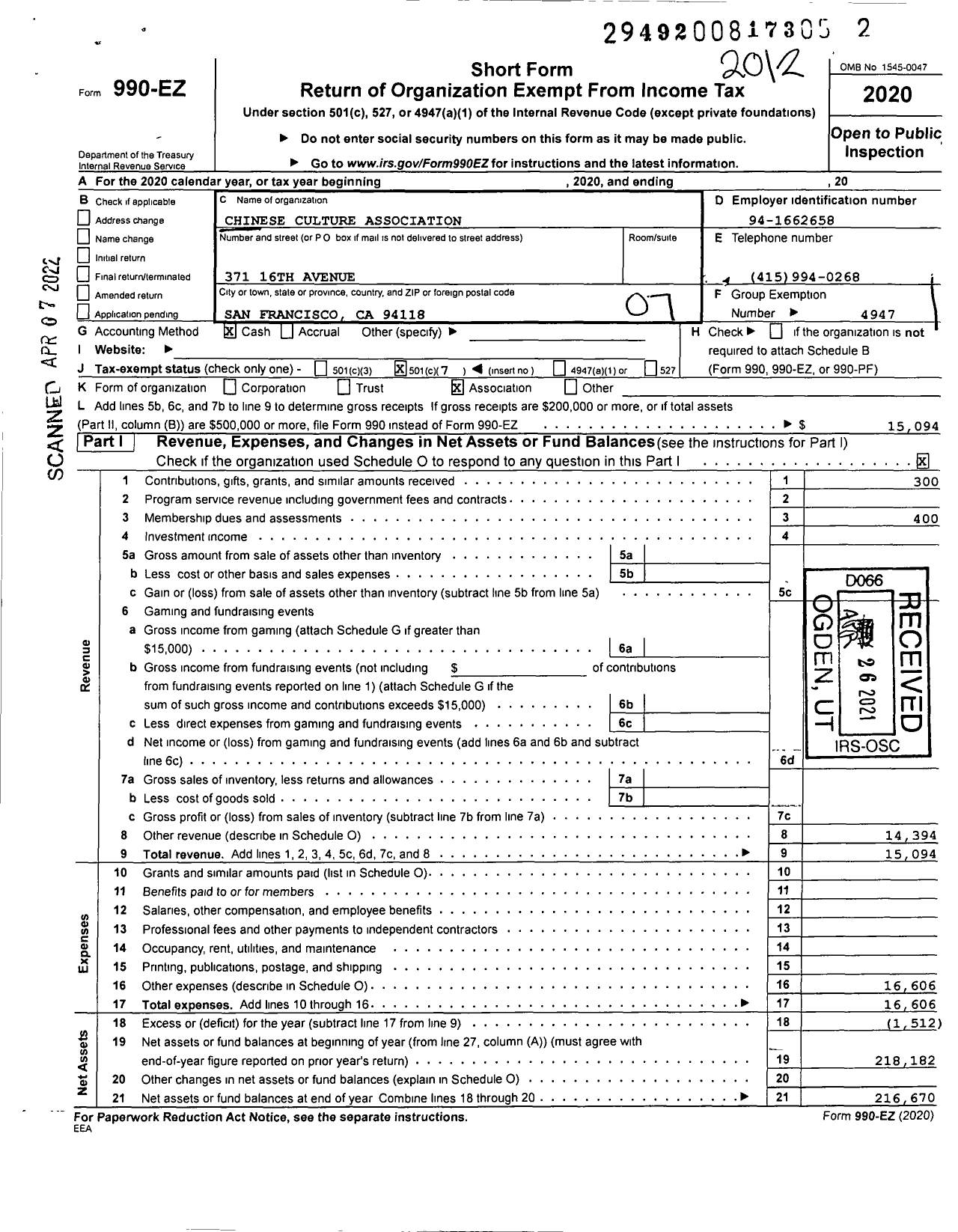 Image of first page of 2020 Form 990EO for Chinese Culture Association