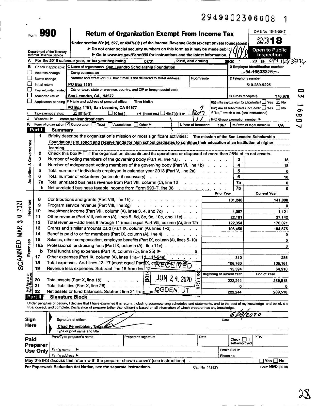 Image of first page of 2018 Form 990 for San Leandro Scholarship Foundation