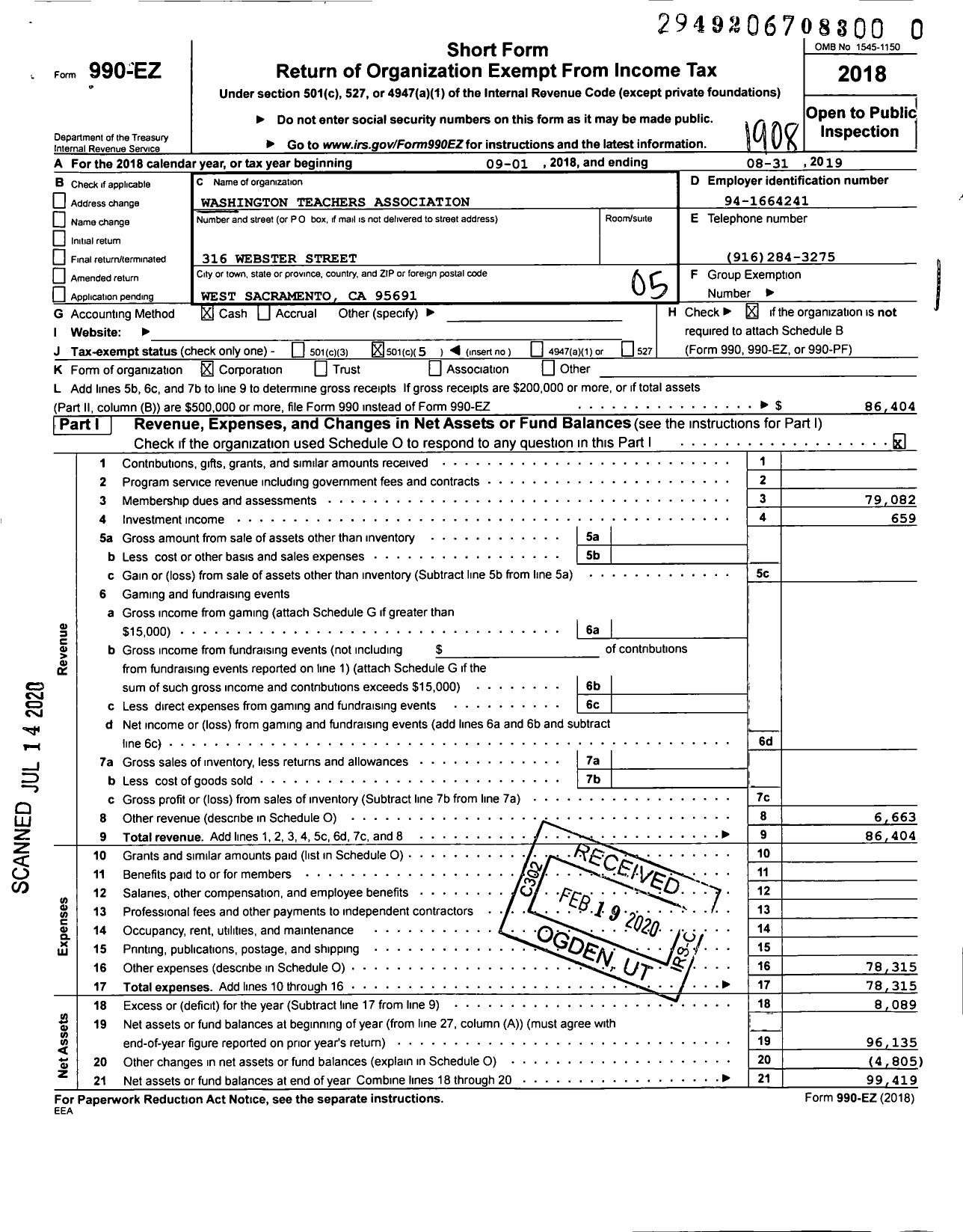 Image of first page of 2018 Form 990EO for California Teachers Association - West Sacramento TCHRS Assn