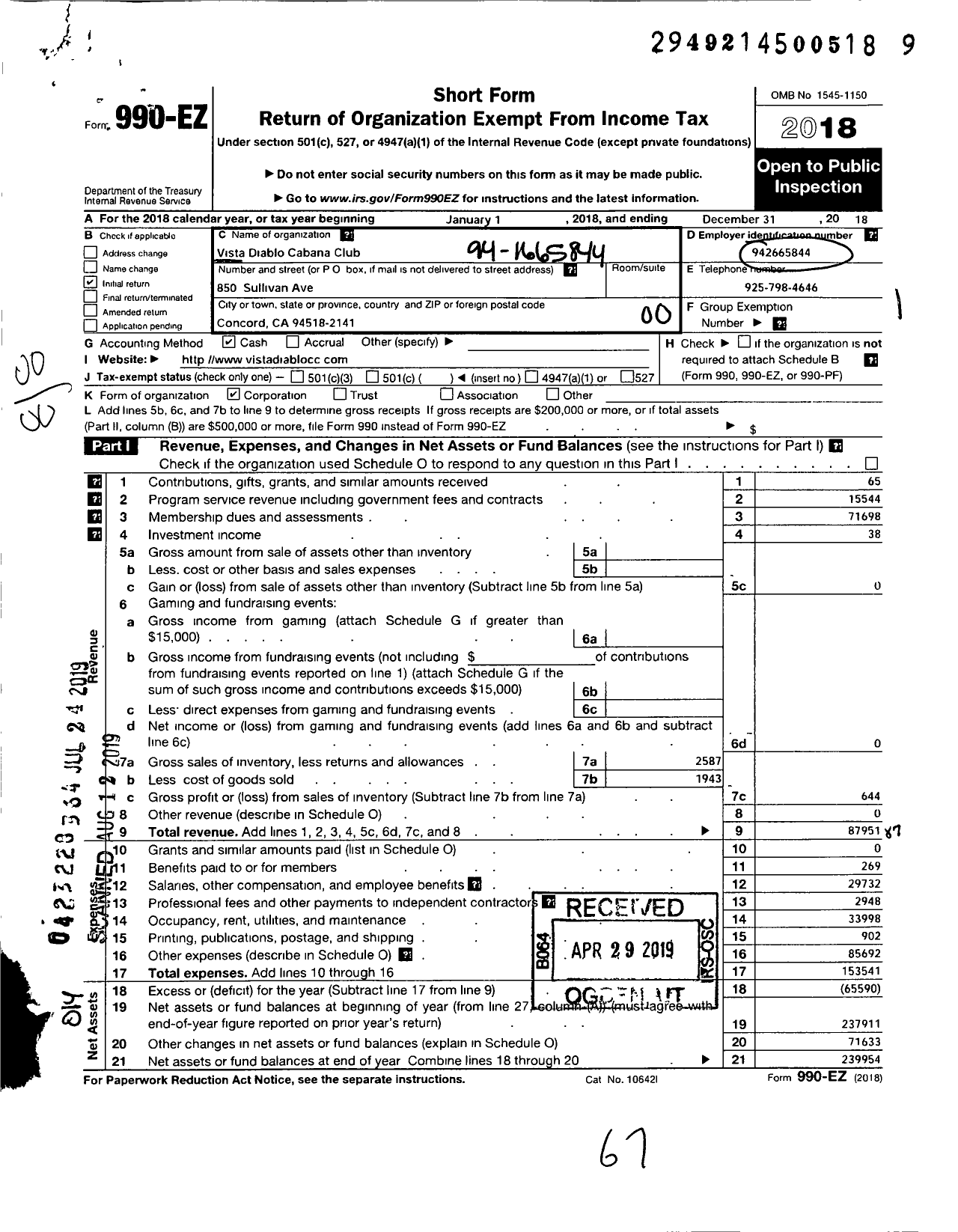 Image of first page of 2018 Form 990EO for Vista Diablo Cabana Club