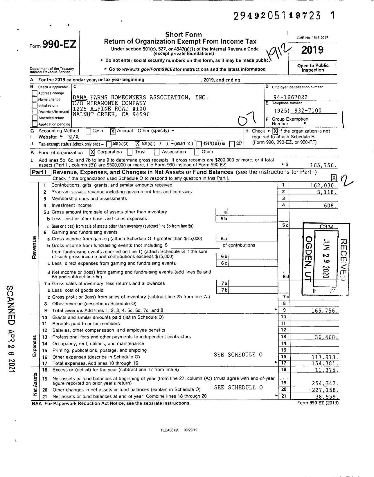 Image of first page of 2019 Form 990EO for Dana Farms Homeowners Association