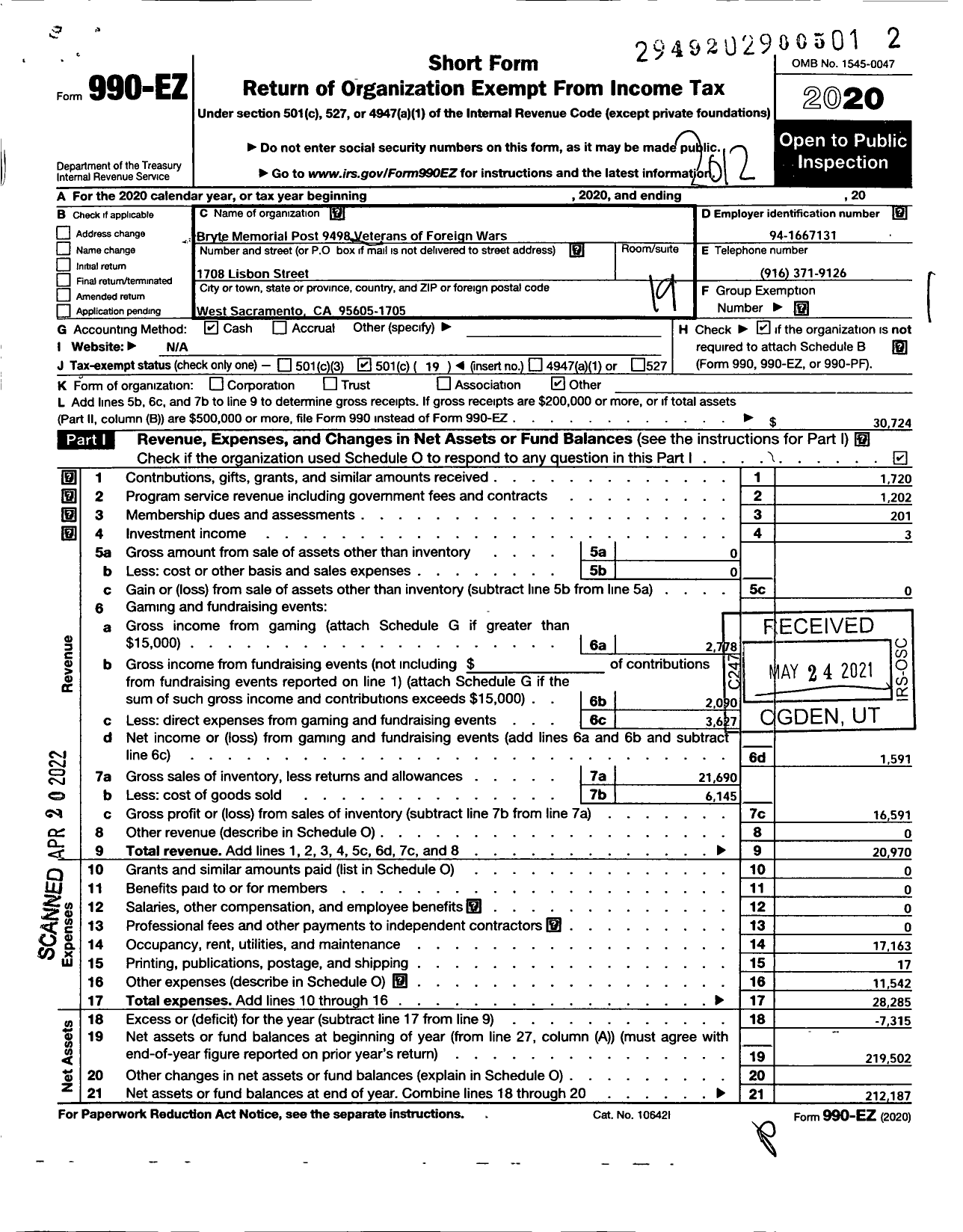 Image of first page of 2020 Form 990EO for VFW California Department - 9498 Bryte Memorial