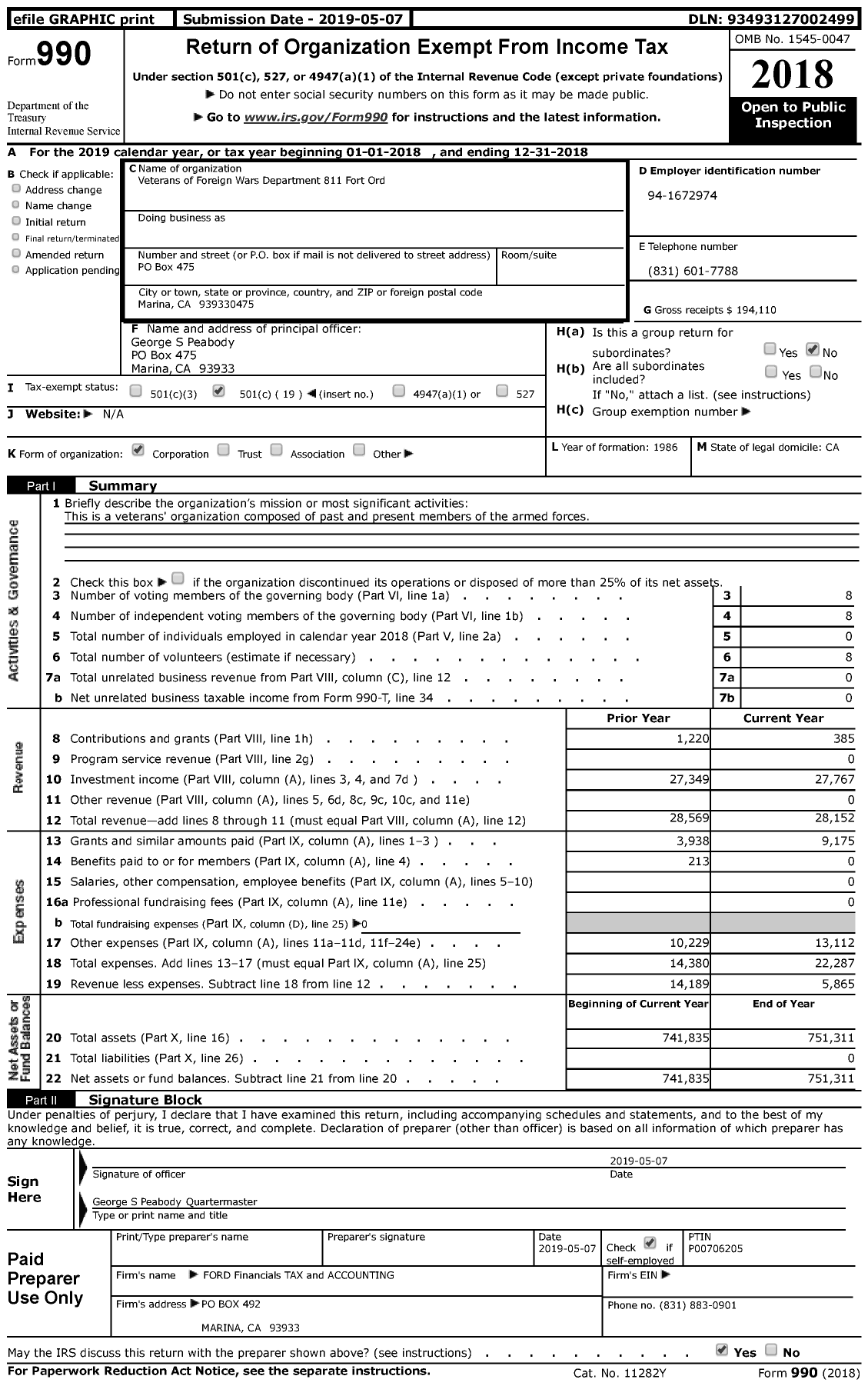 Image of first page of 2018 Form 990 for VFW California Department - Post 811