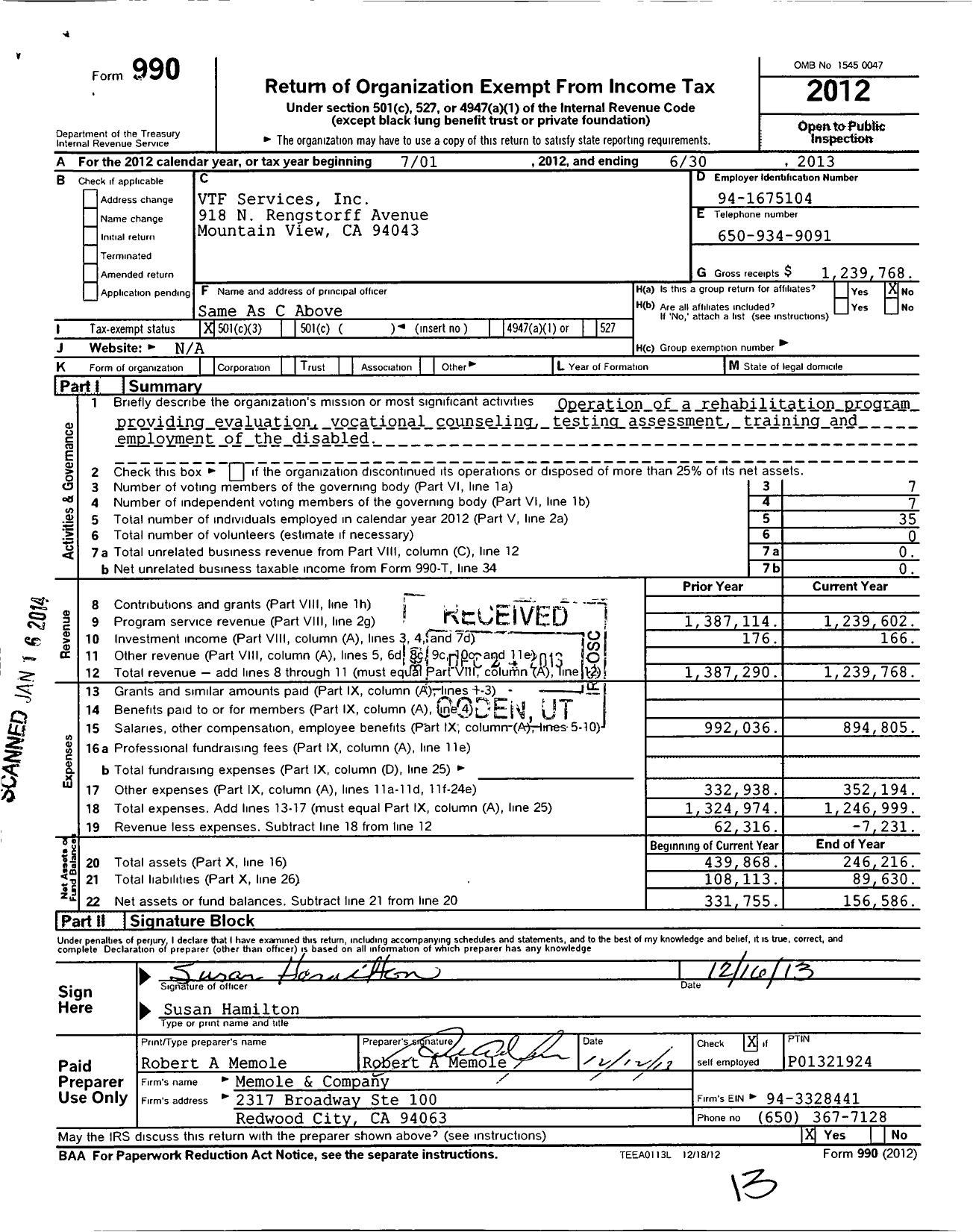 Image of first page of 2012 Form 990 for VTF Services