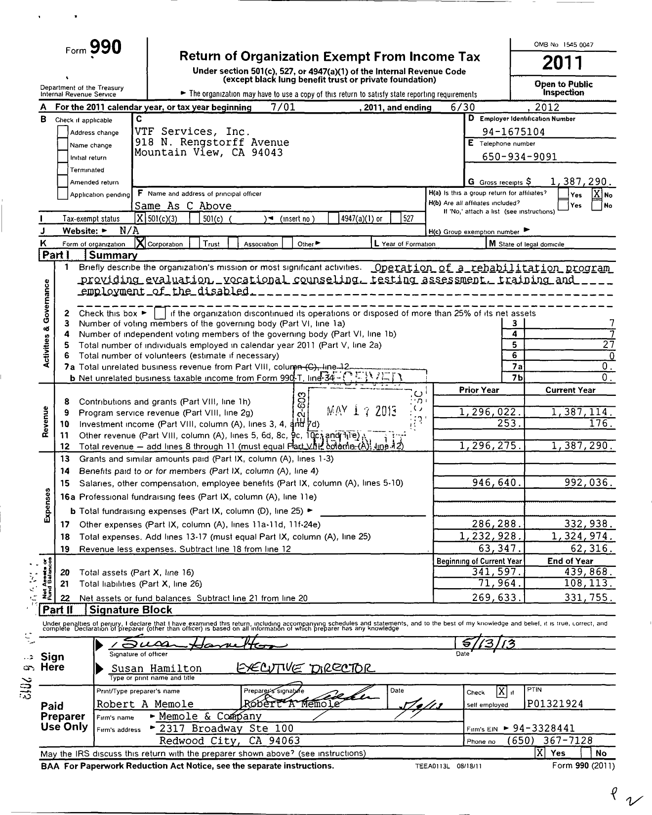 Image of first page of 2011 Form 990 for VTF Services