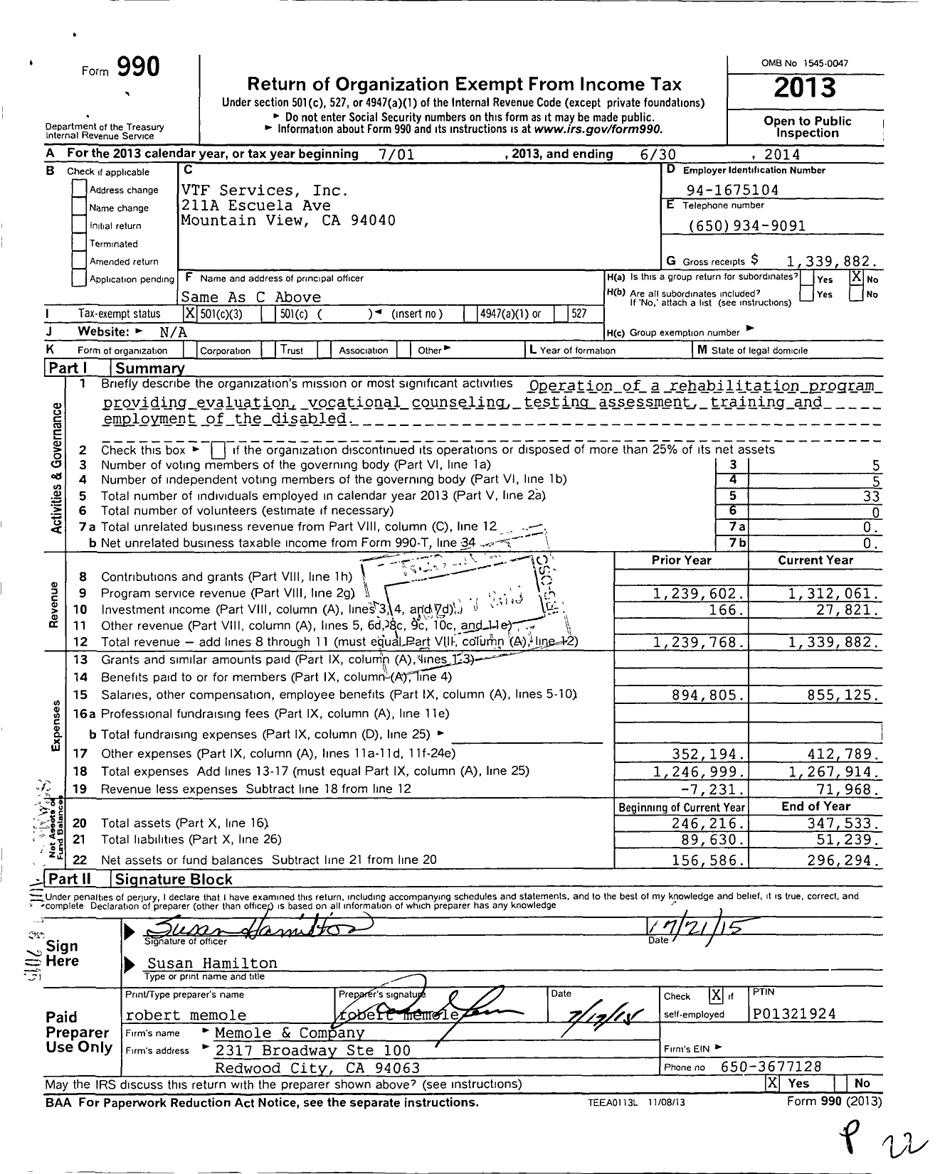 Image of first page of 2013 Form 990 for VTF Services