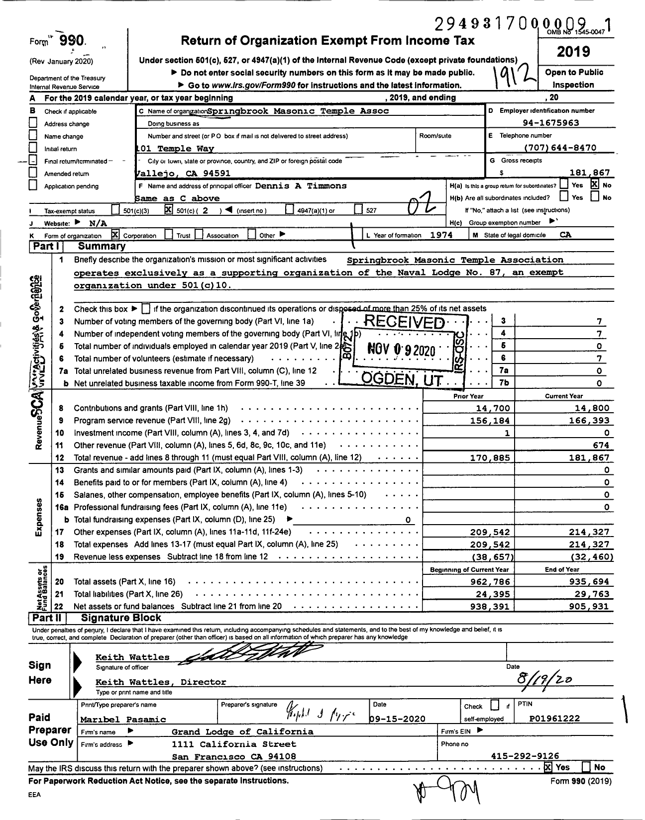 Image of first page of 2019 Form 990O for Springbrook Masonic Temple Assoc