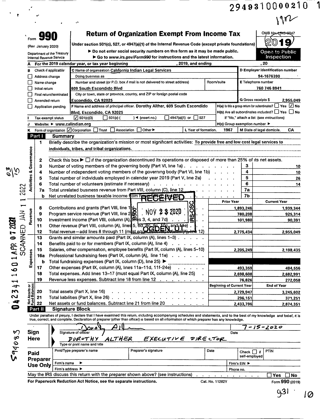 Image of first page of 2019 Form 990 for California Indian Legal Services