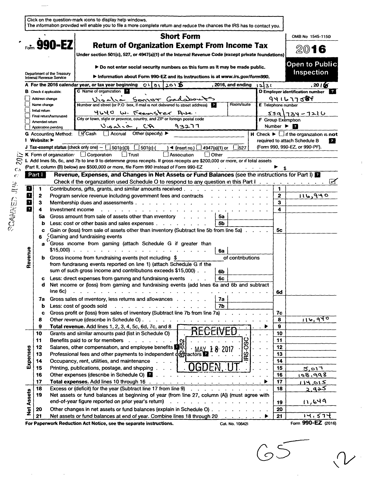 Image of first page of 2016 Form 990EO for Senior Gadabouts