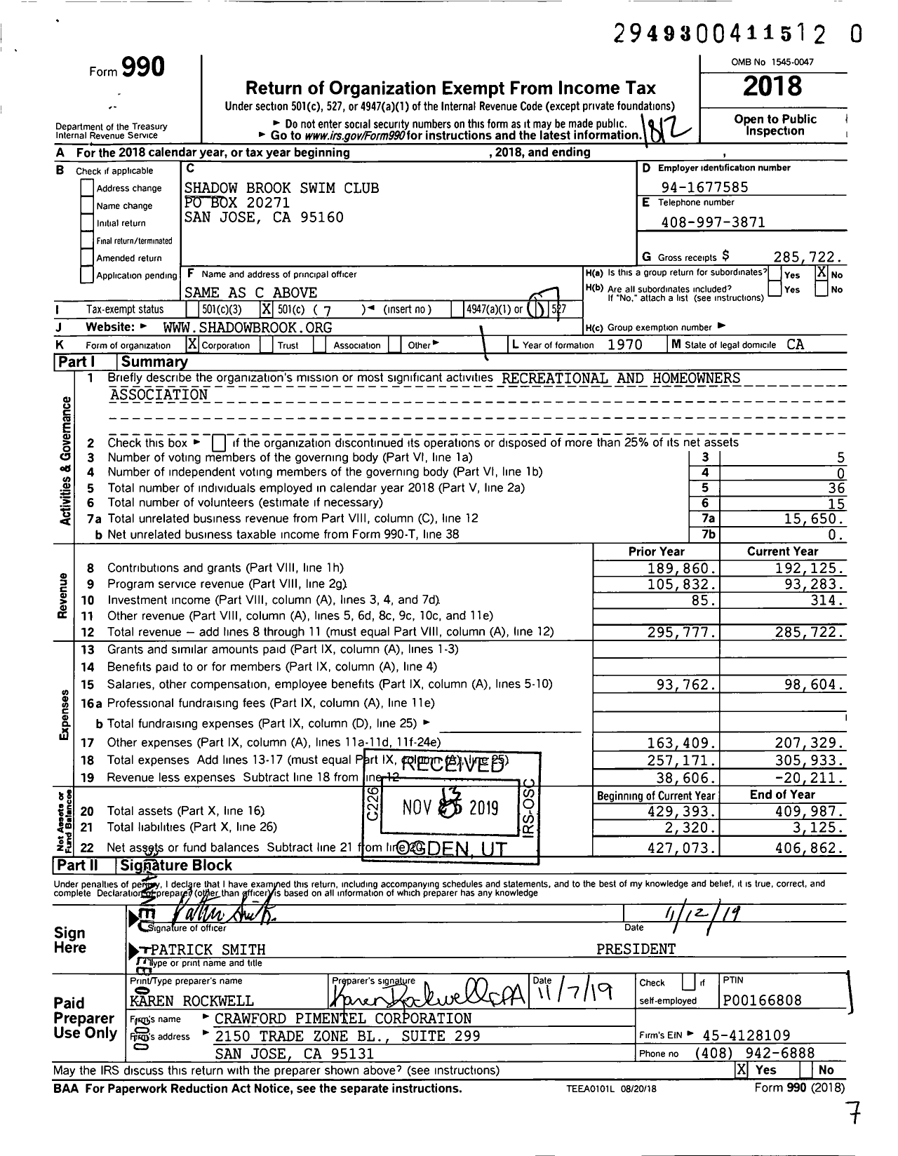 Image of first page of 2018 Form 990O for Shadow Brook Swim Club