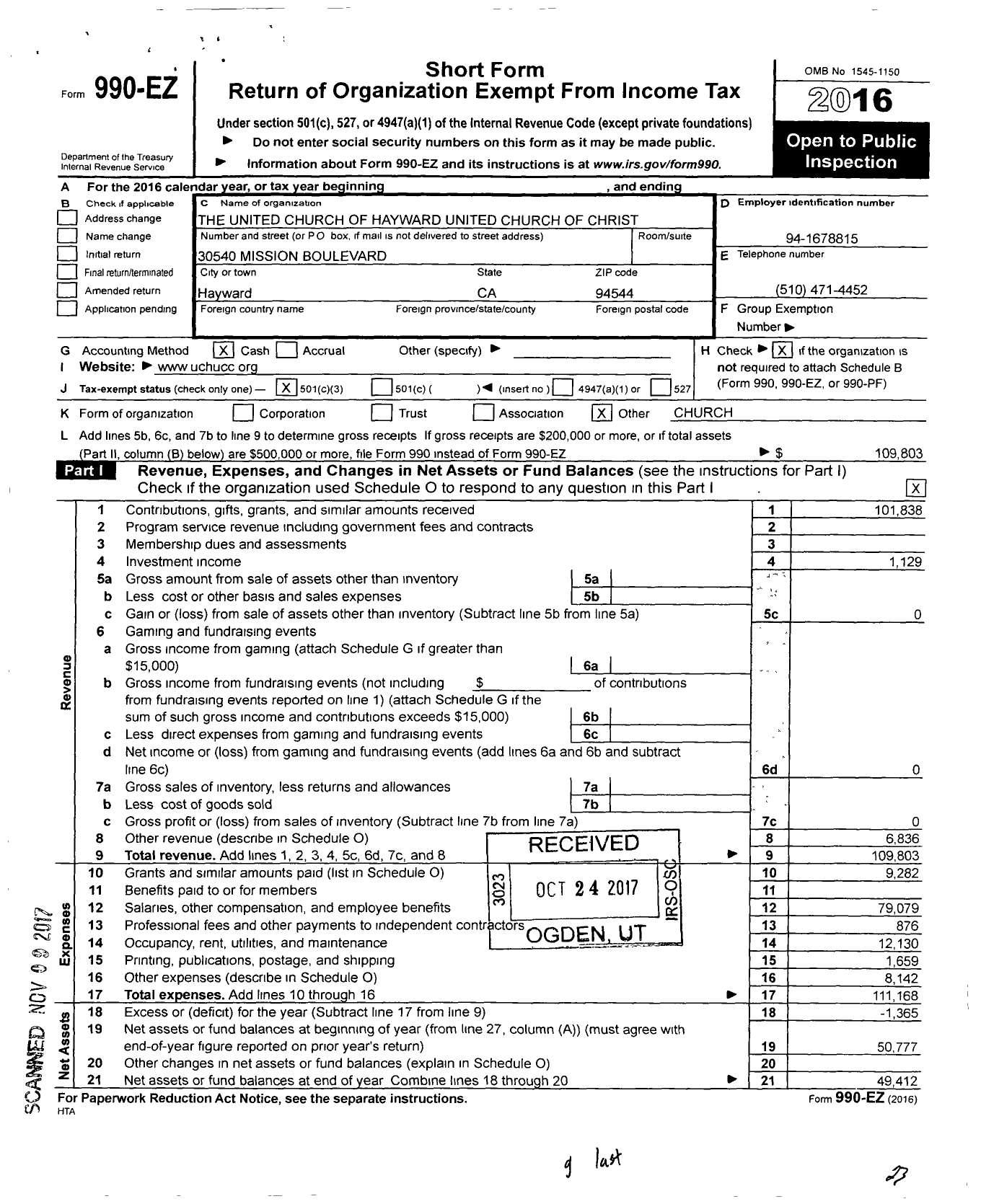 Image of first page of 2016 Form 990EZ for United Church of Hayward United Churchof Christ