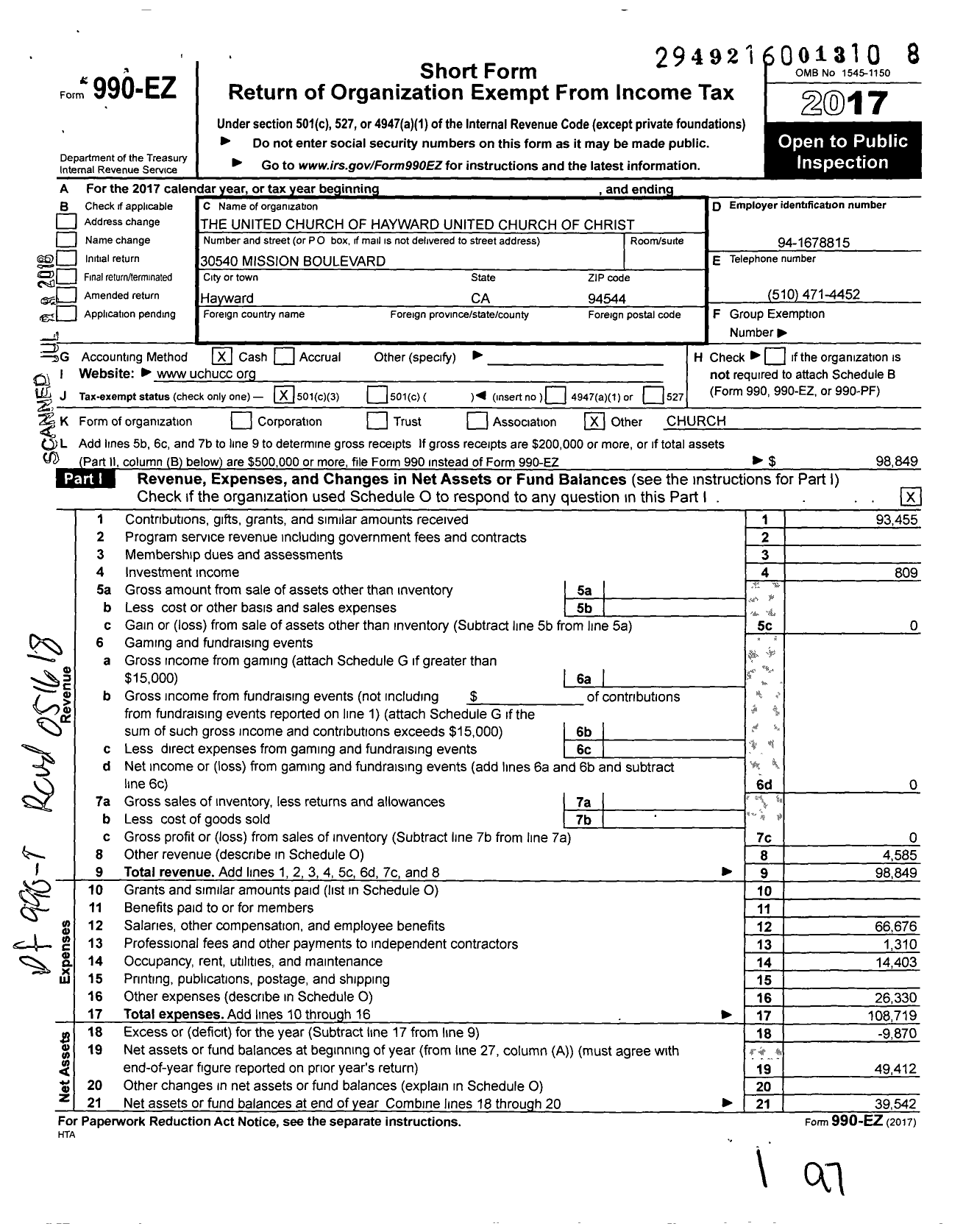 Image of first page of 2017 Form 990EZ for United Church of Hayward United Churchof Christ