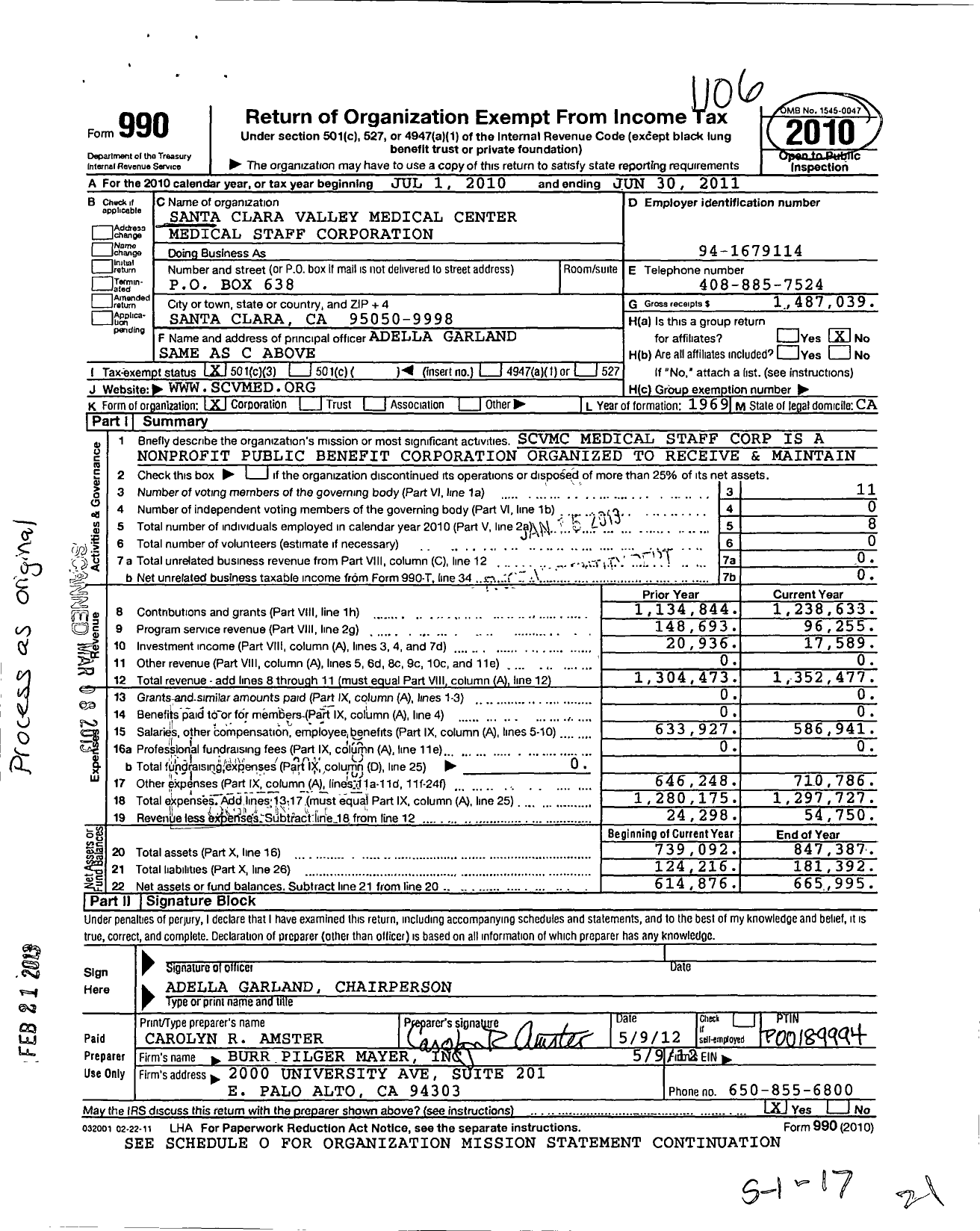 Image of first page of 2010 Form 990 for Santa Clara Valley Medical Center Medical Staff Corporation
