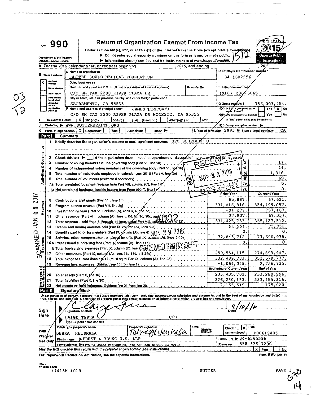 Image of first page of 2015 Form 990 for Sutter Gould Medical Foundation (SGMF)